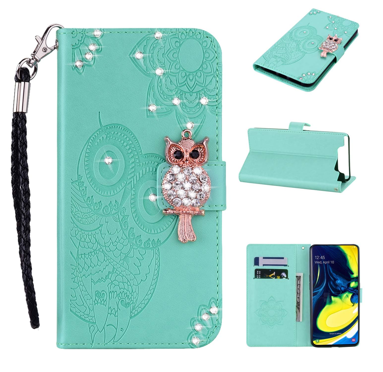 EWCover Wallet Case for Samsung Galaxy A80,Owls Bees Floral Pattern Premium Leather Flip Cover Case with Luxurious Diamond