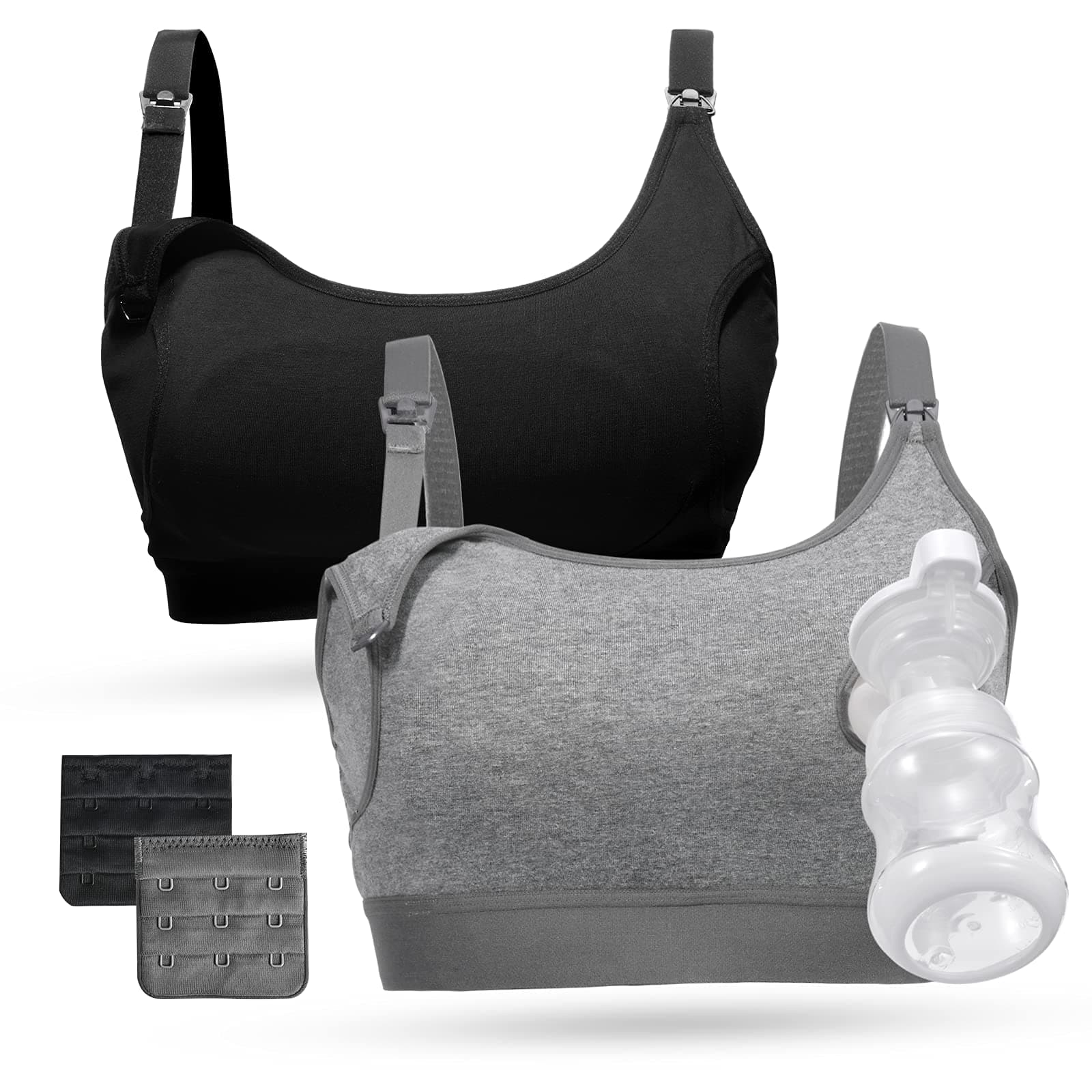 Momcozy Pumping Bra Hands Free, Pumping and Nursing Bra in One Holding Breast Pump for Spectra, Lansinoh, Medela, Black,grey-2pk, Large