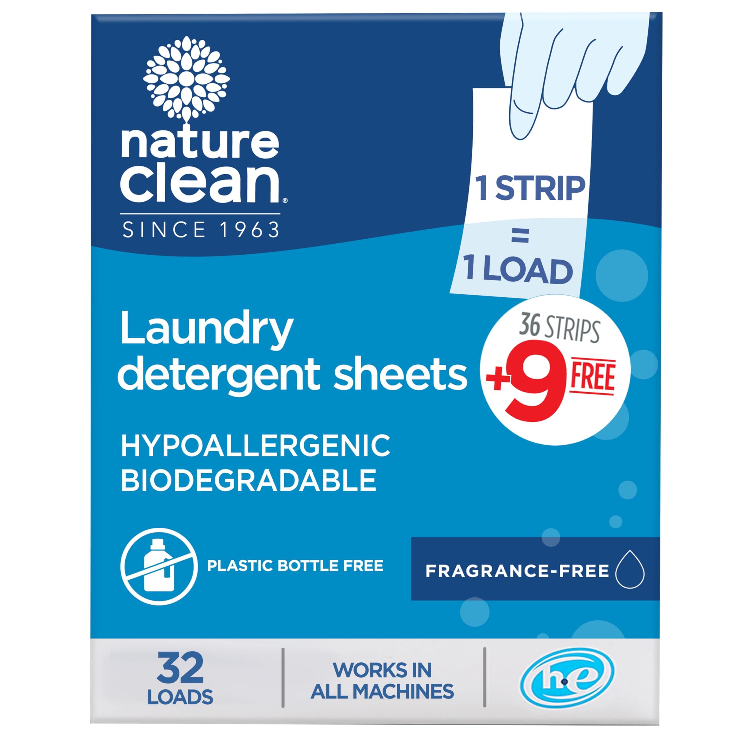 Nature Clean Non-Toxic Laundry Detergent Sheets Unscented 32 counts. Natural Fragrance Free Travel Laundry Detergent Strips & Soap Sheets Scent free for Sensitive skin & Hypoallergenic