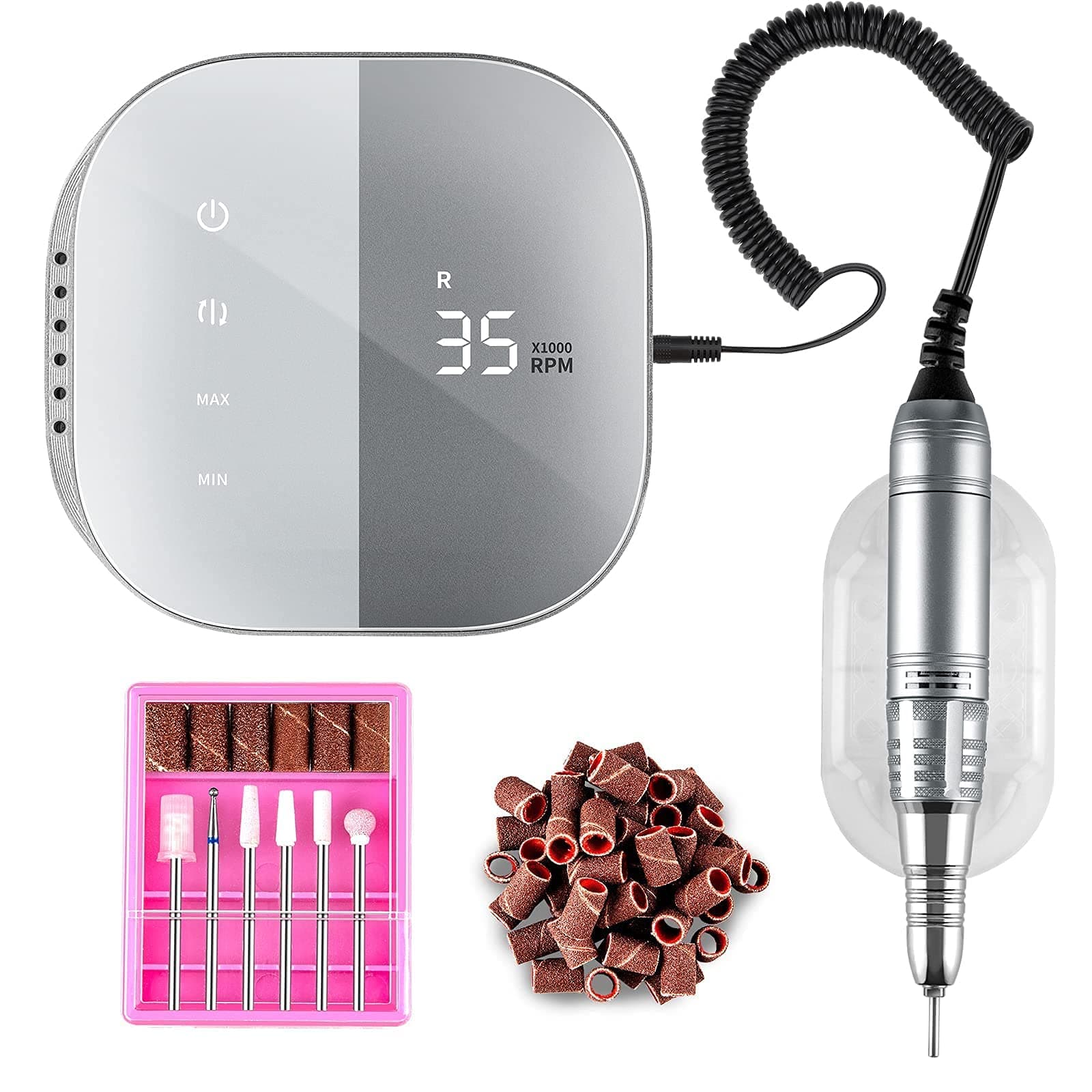 Madenia Professional Electric Nail Drill Machine with LCD Touch Screen, 35000 RPM Efile Nail File Drill for Arylic Gel Nails, E File Kit for Salon Home Manicure Use, Blue (UK-108-GY)