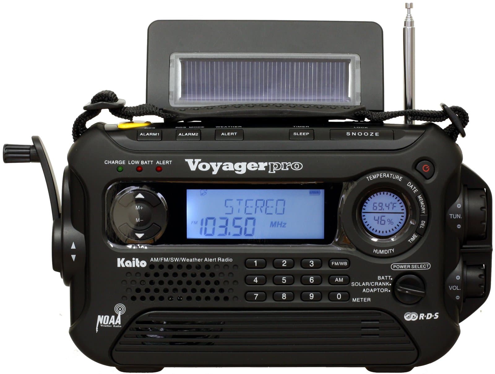 Voyager Pro KA600 Digital Solar Dynamo Crank Wind Up AM/FM/LW/SW & NOAA Weather Emergency Radio with Alert & RDS, Flashlight and Reading Lamp + Smart Phone Charger, Black