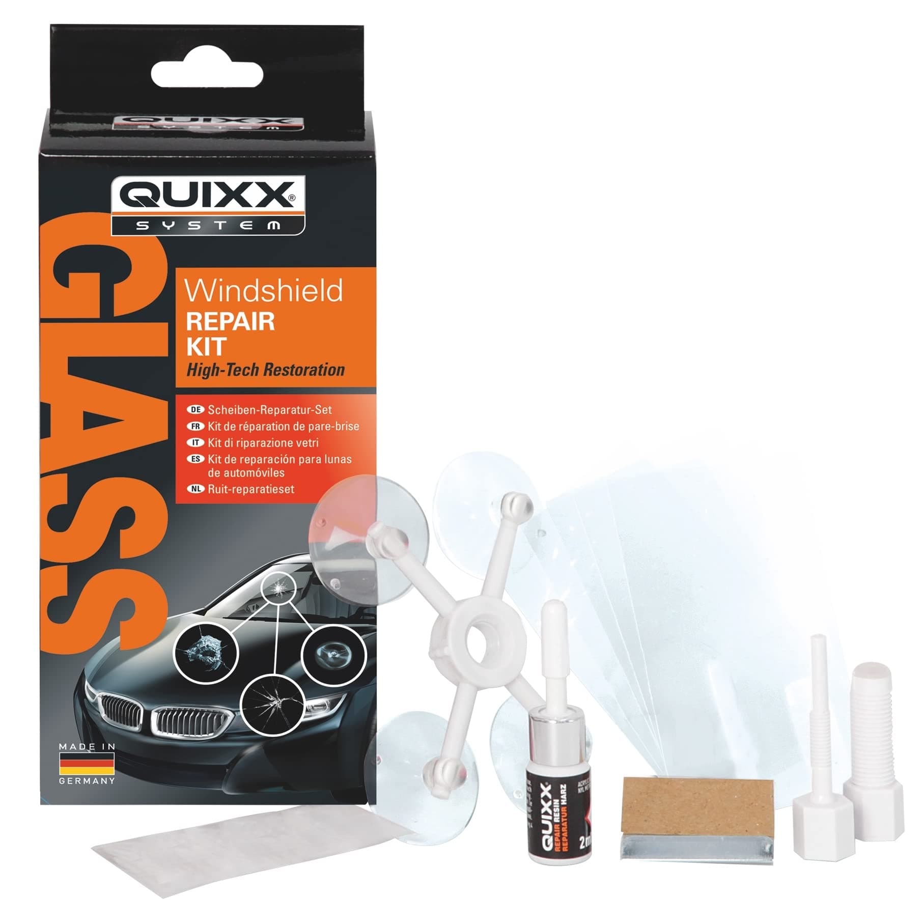 QUIXX10210 Windshield Repair Kit Is the Cost-Effective fix for chips, cracks, bulls-eye, and star-shaped damage to windshields. Use on Your Automobile, Motorcycle, or Boat