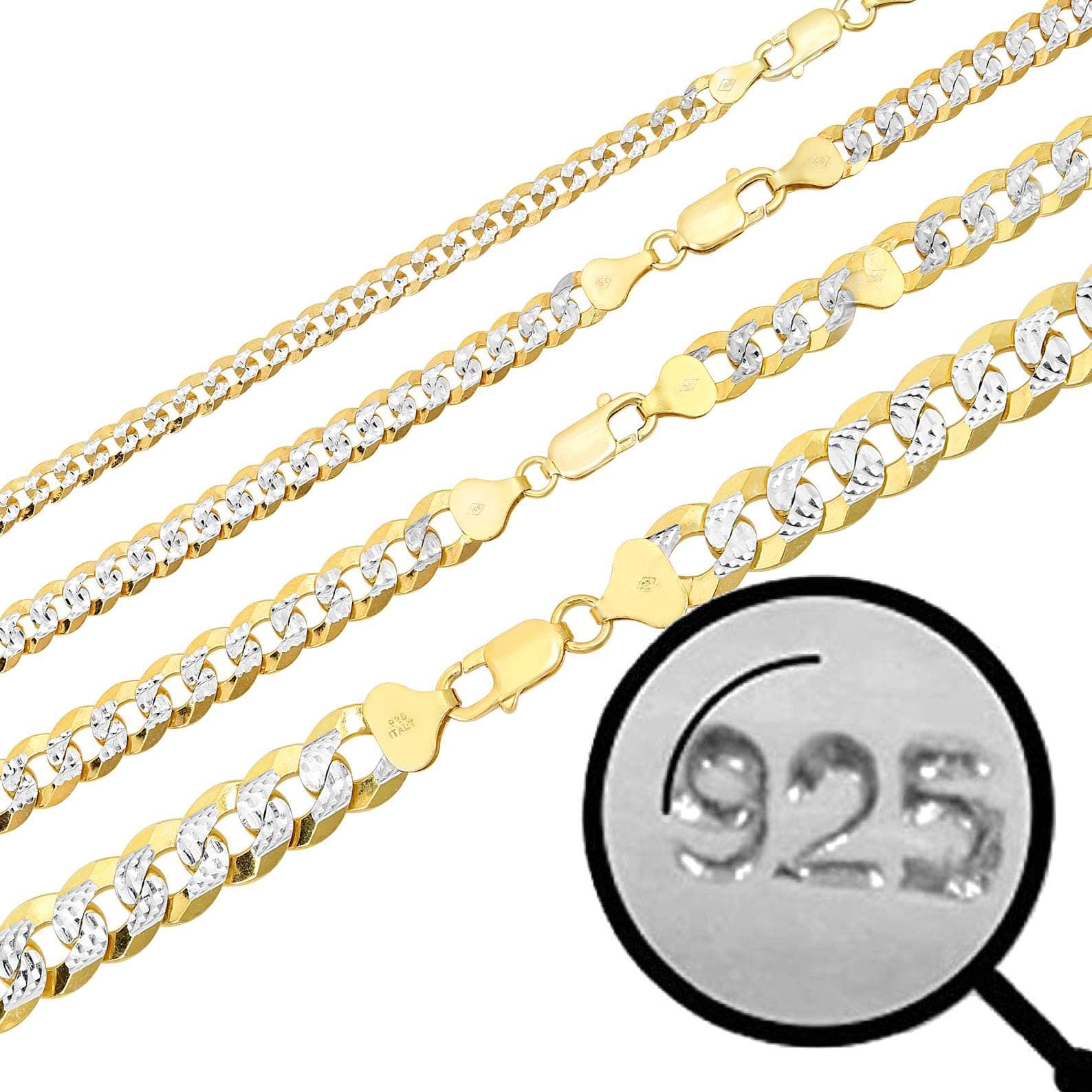 HarlemBling Men's Flat Cuban Chain - Two Tone Diamond Cut - 14k Gold Over Solid 925 Sterling Silver - Made In Italy - 5mm 6mm 8mm 10mm (24, 8mm)