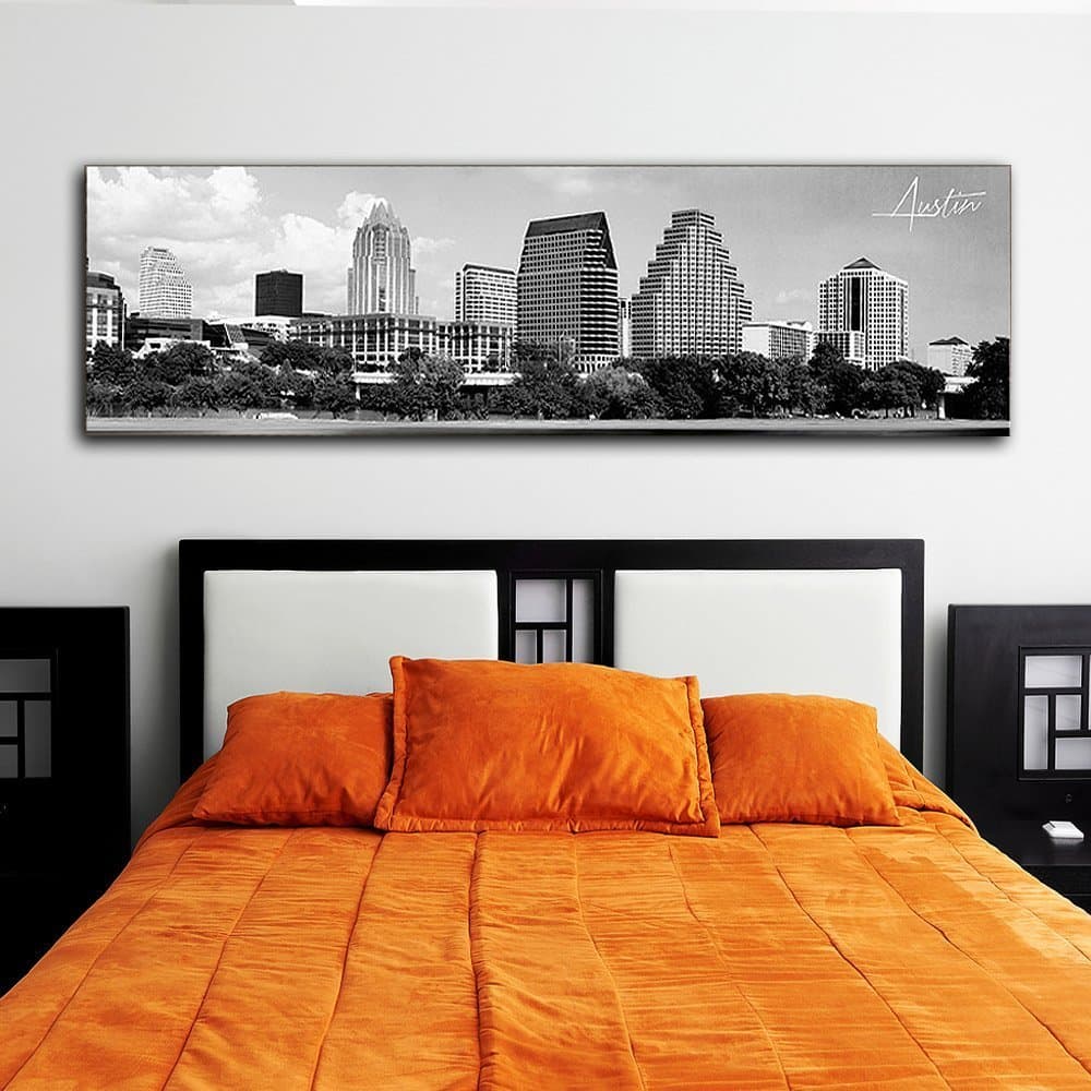 WallsThatSpeak Panoramic Austin Cityscape Picture, Black and White Stretched Canvas Art Prints, Wall Decoration for Bedroom or Office, Framed and Ready to Hang, 14” x 48”