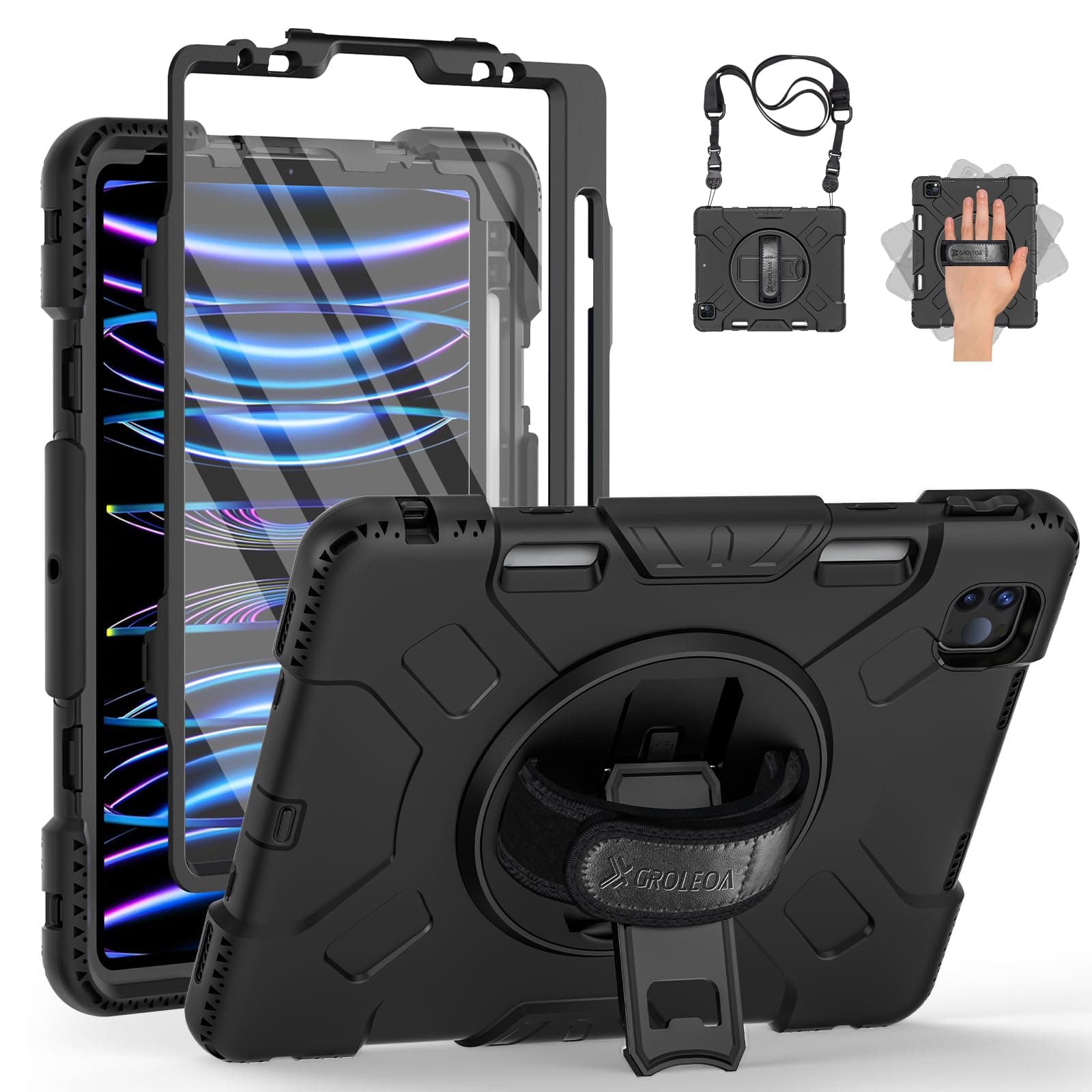 Case for iPad Pro 11 inch 2022/2021: Military Grade Shockproof Protective Cover with Screen Protector for iPad Pro 11 4th Gen 2022 / 3rd Gen 2021 + Pencil Holder + Stand + Strap- Black