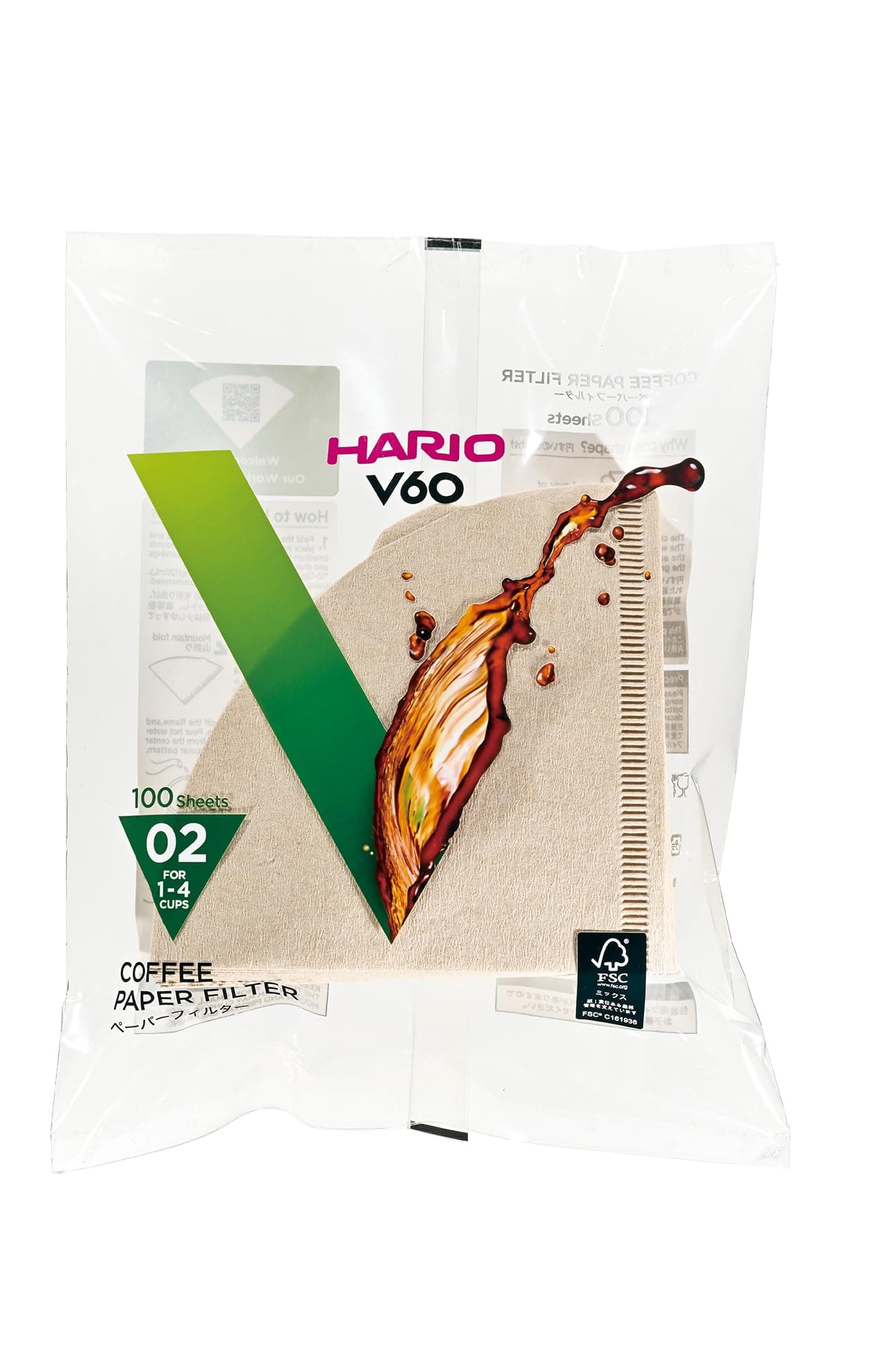 Hario V60 Filter Papers - Paper Coffee Filters for V60 Dripper, Compatible with Size 02, Natural, 100 Pack
