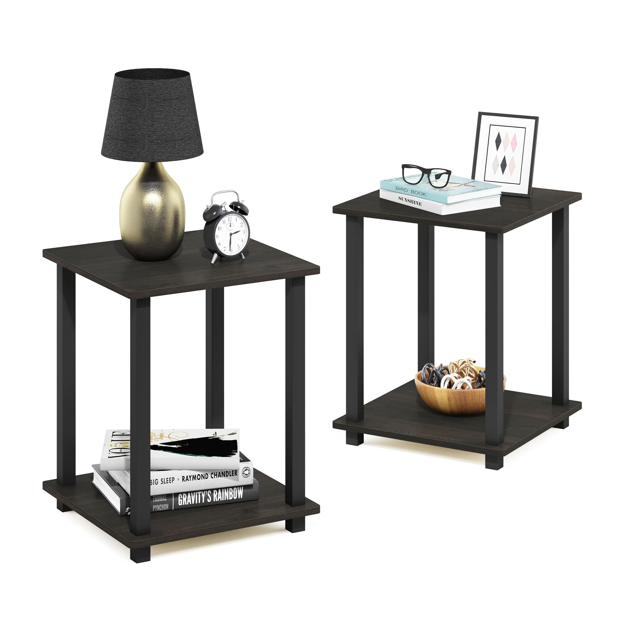Furinno SIMPLISTIC Side Table Set of 2, 2-Tier Square Modern End Table, Nightstand, Night Stand, Bedside Table, Toolless Assembly, for Living Room, Bedroom, Espresso