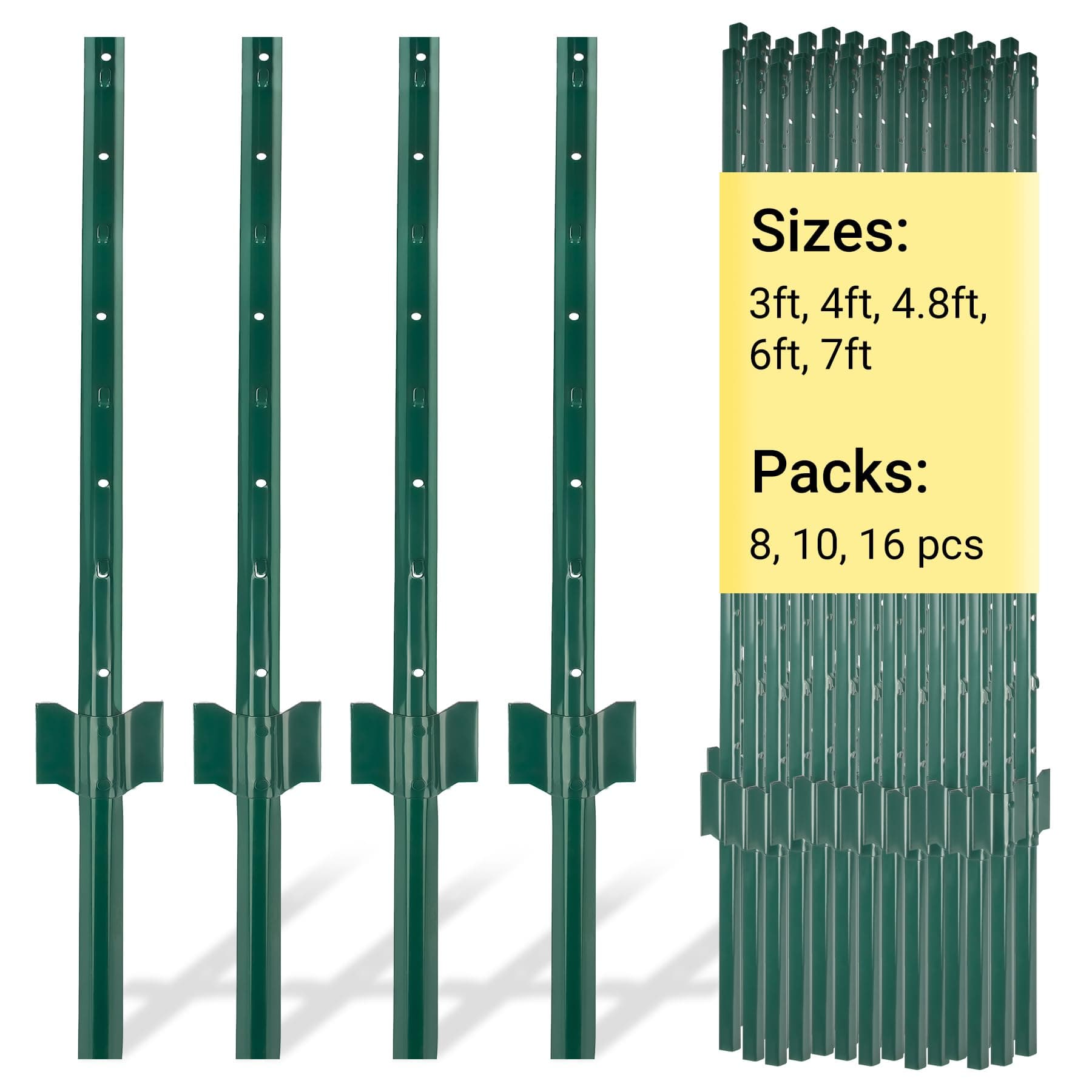 5 Feet Heavy Duty Metal Fence Post with U-Channel, 10 Pack, Green, Commercial Grade, Agricultural Fencing