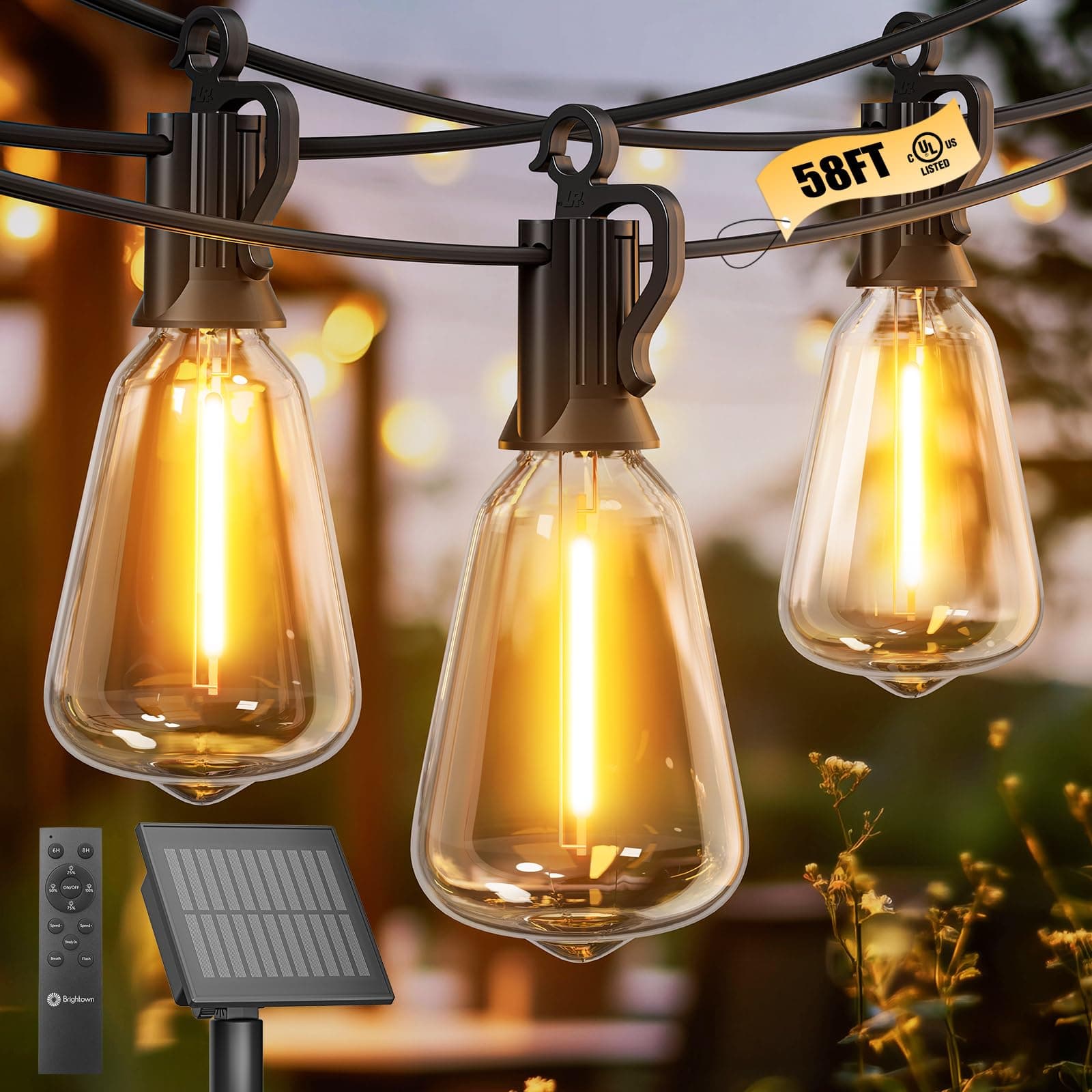 Brightown 58FT Solar String Lights Outdoor Waterproof with Remote, 25+1 Shatterproof LED Bulbs, Dimmable & Timable, 3 Light Modes, 2700K Solar Lights Outdoor for Patio, Camping, Yard, Party Decor