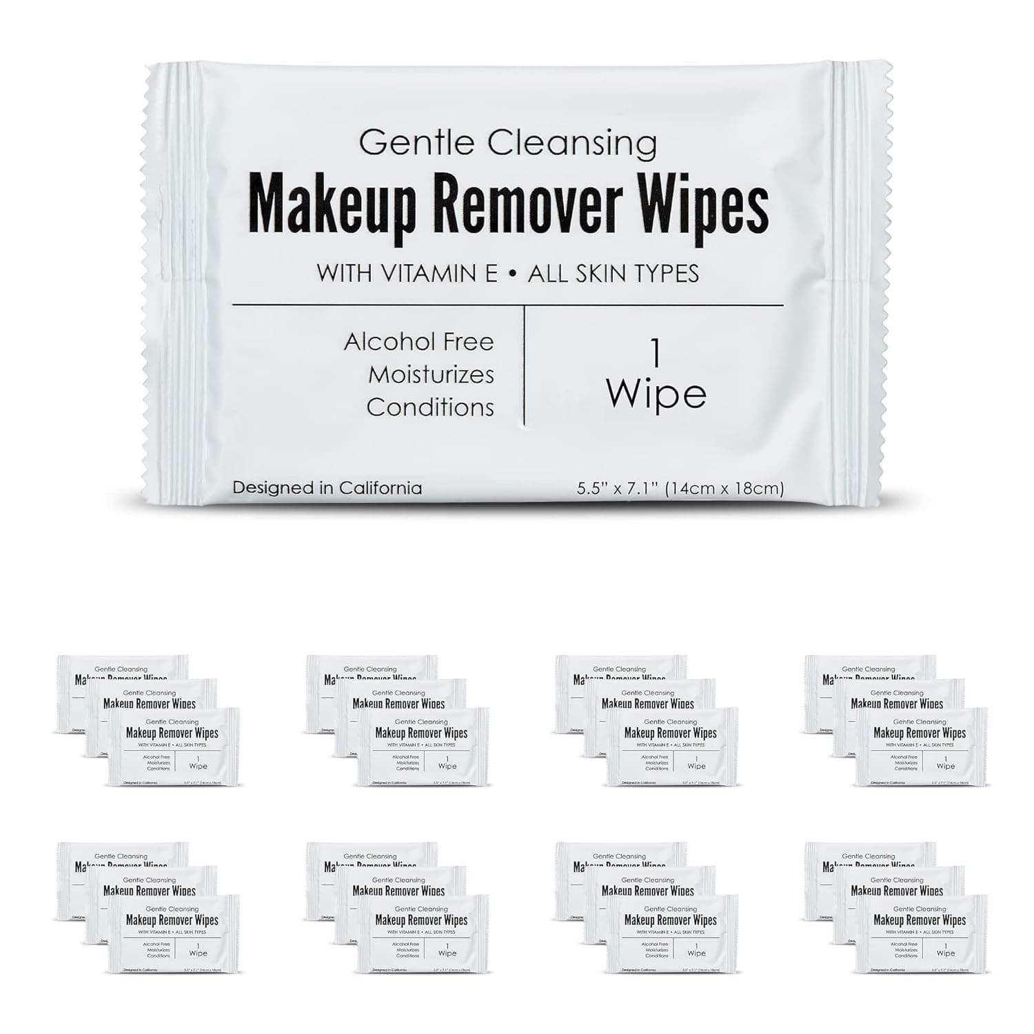World Amenities - Bulk Makeup Remover Wipes | 500 Count $0.09 unit | Individually Wrapped, Gentle Cleansing, Alcohol Free - All Skin Types - Vitamin E - 100% Recyclable, Hotel Travel Size Toiletries
