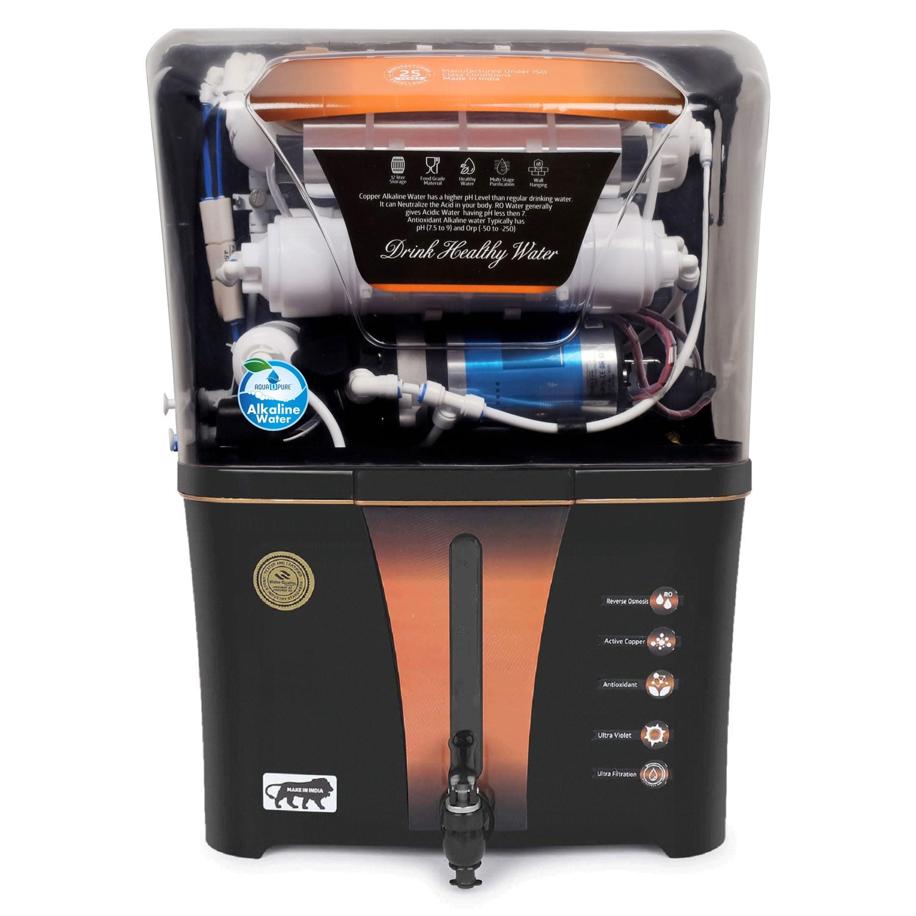 AQUA D PURE Active Copper +Alkaline RO Water Purifier with RO, UV, UF, TDS Adjuster 12L | 8 Stage Purification | Suitable for all type water supply (A99 Secure TRN C+A)