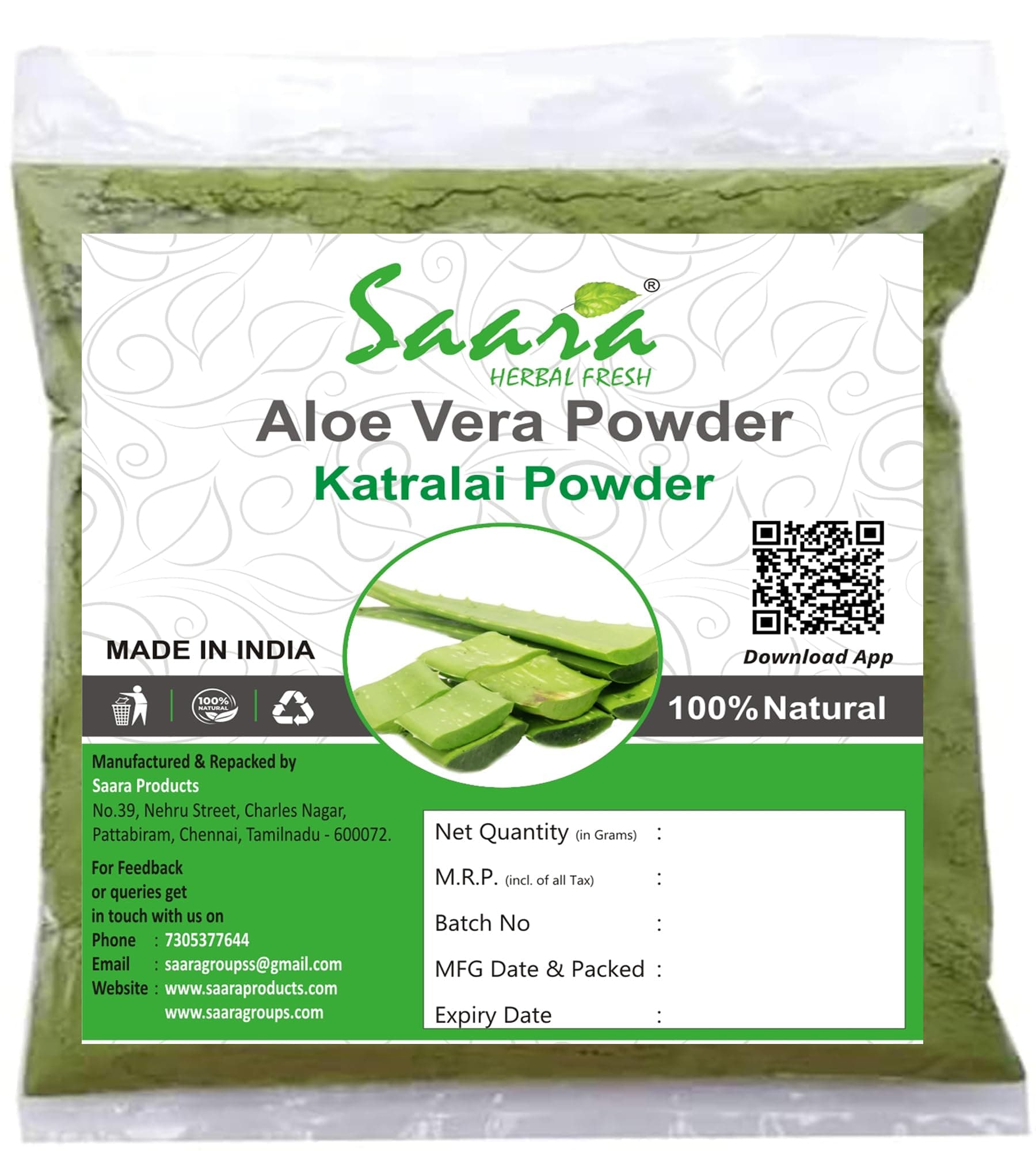 Saara HERBAL FRESH Aloe Vera Powder, 101g, Katralai, Aloe Barbadensis, Kathalai, Alovera powder, 101g