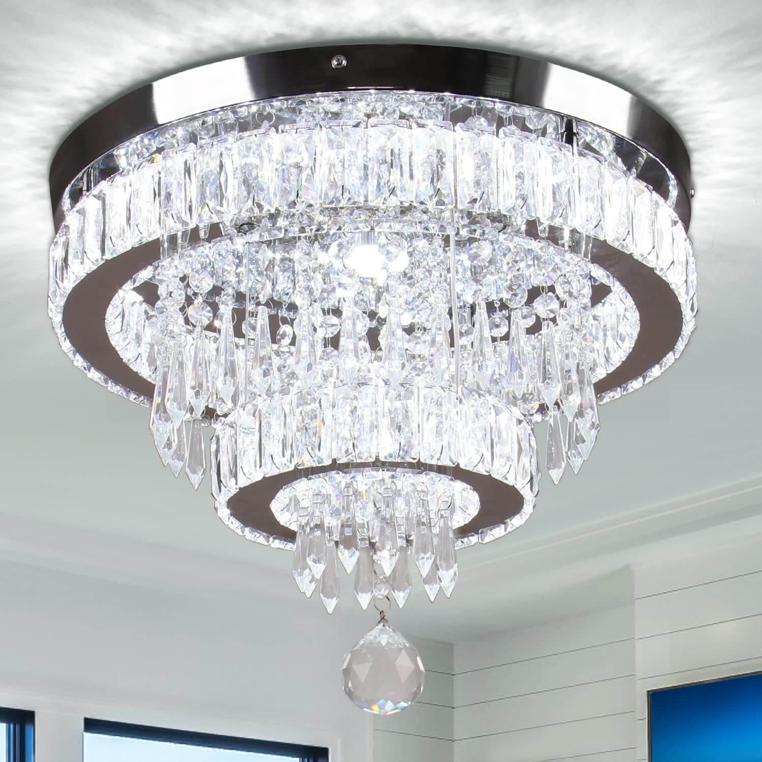 Finktonglan 15.7" Crystal Semi Flush Mount Ceiling Light, 2-Ring LED Crystal Chandelier, Cool White 6500K, Non-Dimmable, Built-in LED for Bedroom Hallway Entryway Dining Room