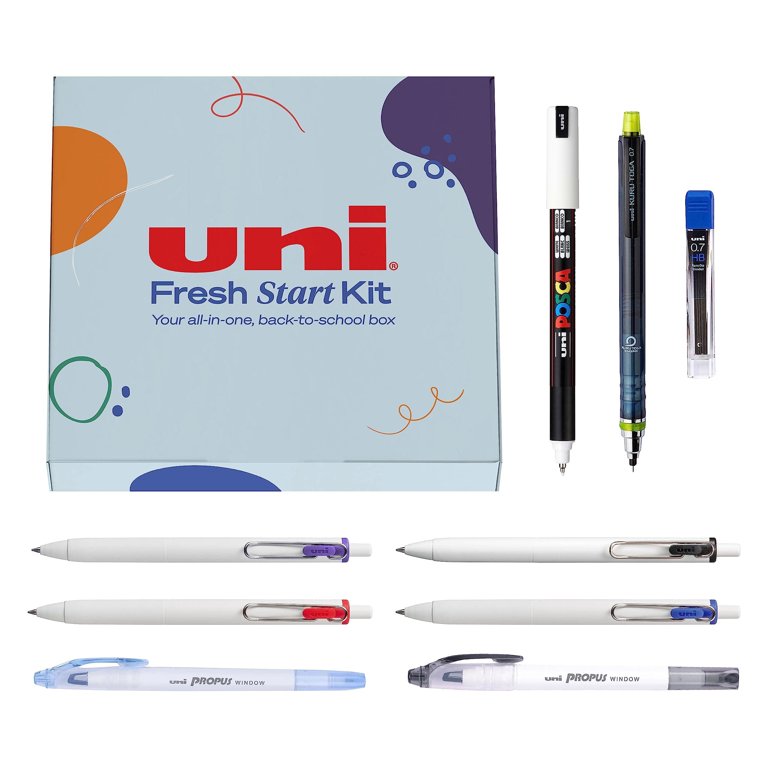 Uniball & Posca Fresh Start Kit | Back to School Supplies | Gel Pens, Clear Window Highlighters, Posca Markers, & Kuru Toga Mechanical Pencil | Elevate your Writing Experience with Uni