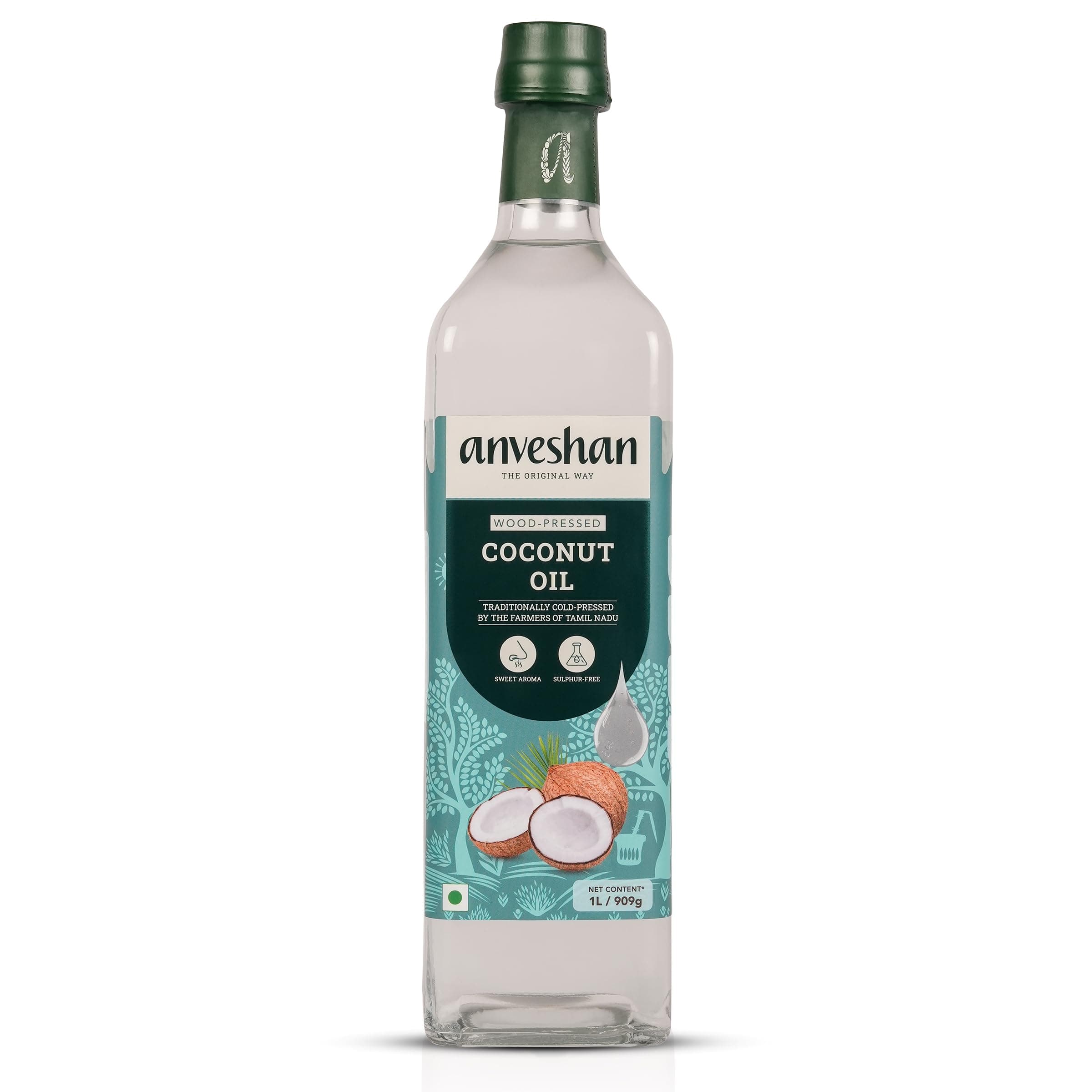 Anveshan Wood Cold Pressed Coconut Oil 1L | Glass Bottle | Kolhu/Kacchi Ghani/Chekku Method | Natural & Chemical-Free | Edible Grade | For Cooking, Skin, Hair & Baby Massage | Unrefined