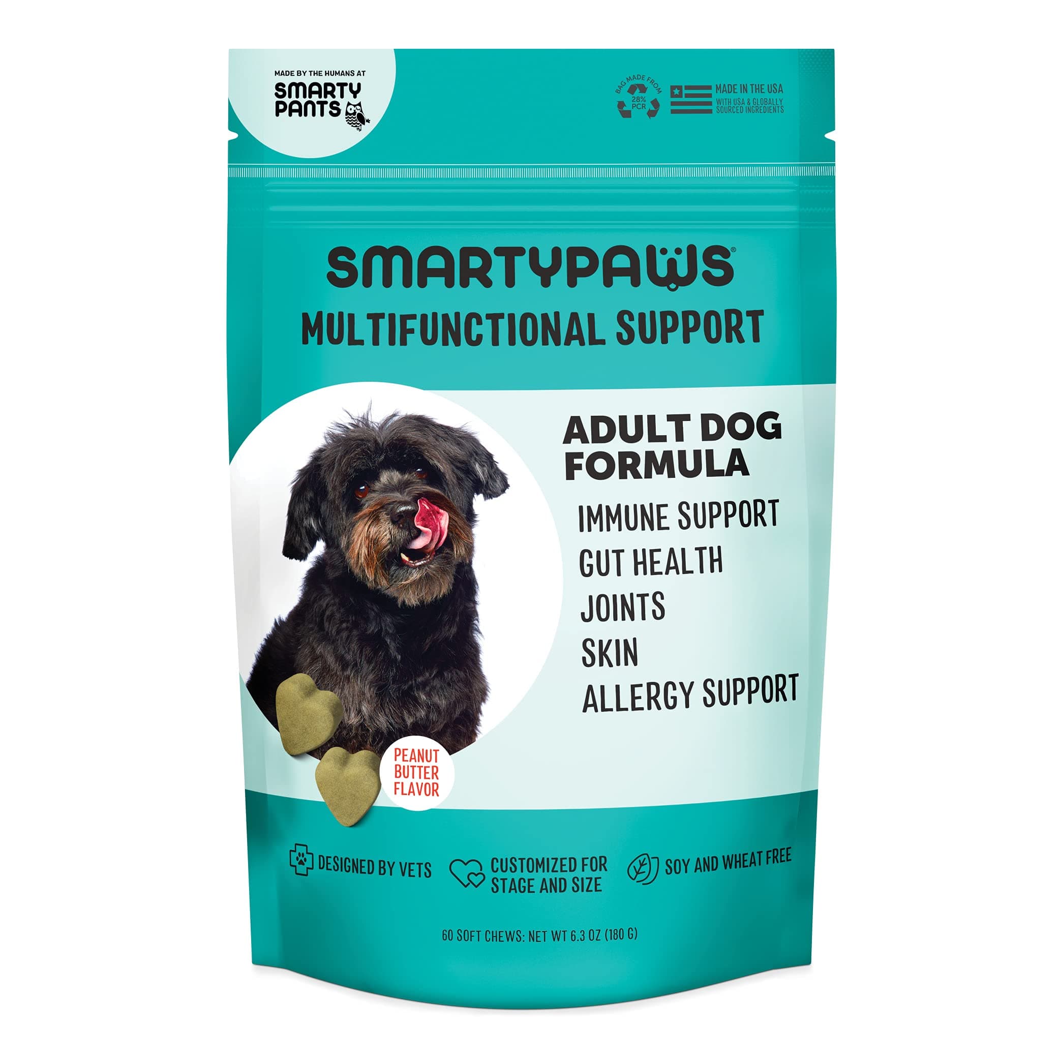 SmartyPaws Dog Vitamin and Supplement: Glucosamine, Probiotics for Gut Health & Immune Support Omega 3 Fish Oil, Chondroitin, MSM for Hip & Joint Support, Organic Turmeric, Chewable (60 Count)