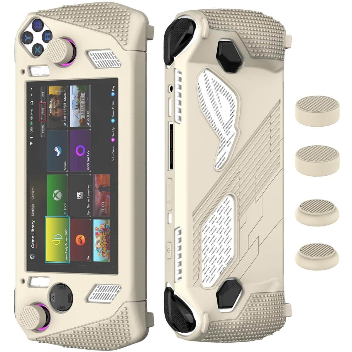 BIGTHREE Protective Case for Rog Ally, Silicone Cover Case for Rog Ally Gaming Handheld, Soft Cover Skin Shell with 2 Pairs Thumb Grips Caps for Rog Ally, Full Protection Kickstand(Off White)
