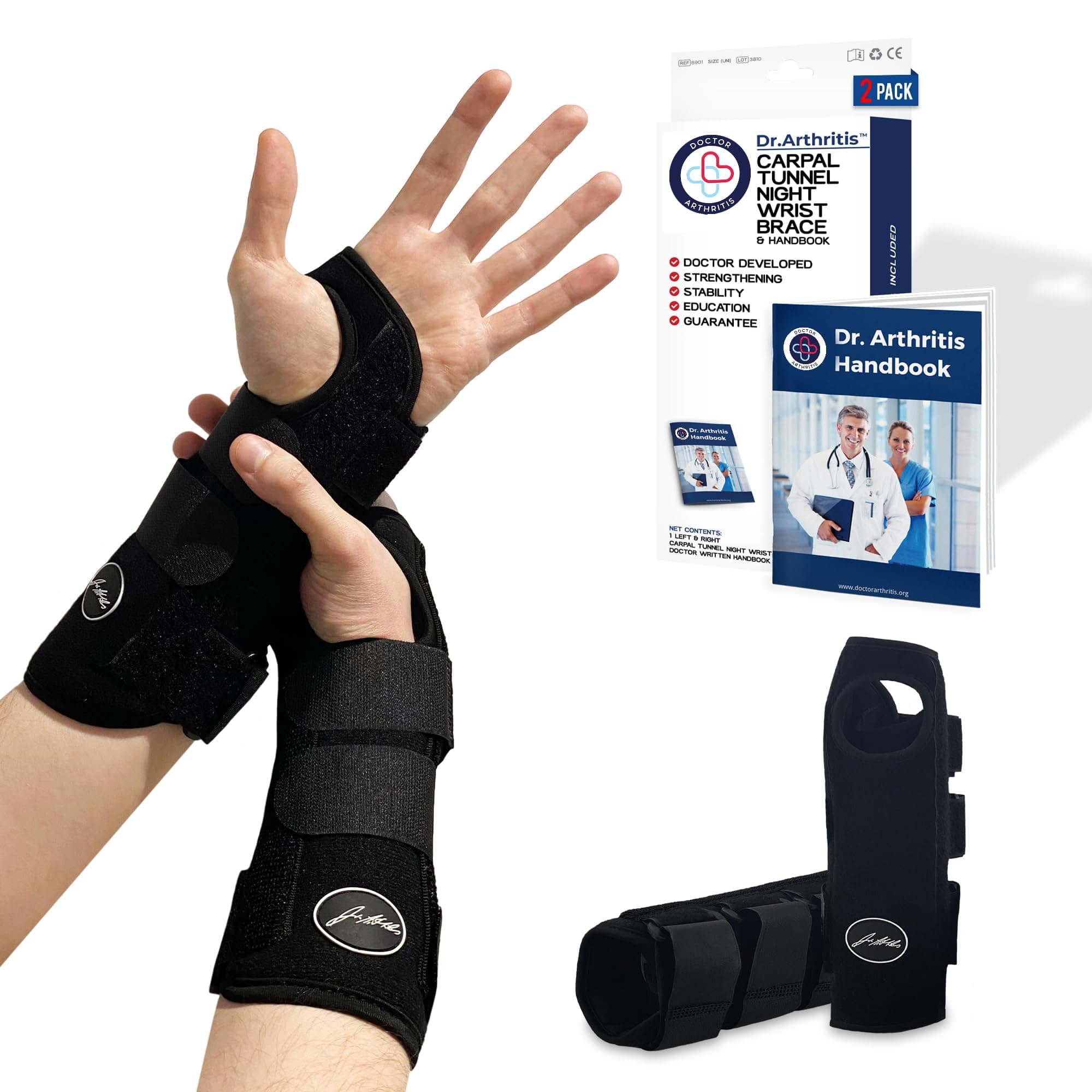 Dr. Arthritis Doctor Developed Carpal Tunnel Wrist Supports, Left/Right Hand Wrist Support with Handbook, Wrist Support for Carpal Tunnel, Wrist Splint for Men & Women (2-Pack)