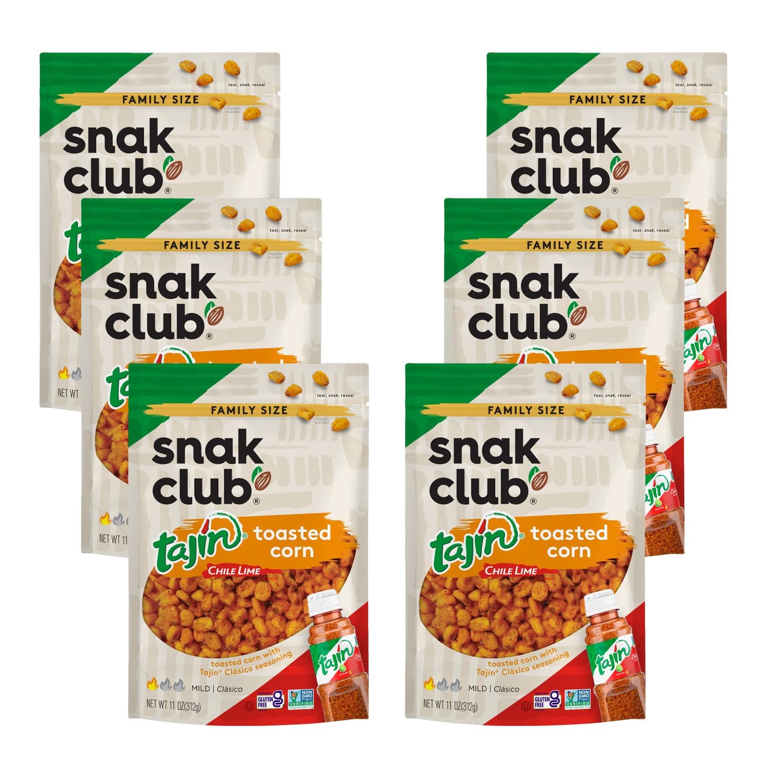 Snak Club Toasted Corn, Tajin Clasico Chili & Lime Flavored, Crunchy, Flavorful Low-Cholesterol Snacks in Resealable Bag, 11 Ounce (Pack of 6)