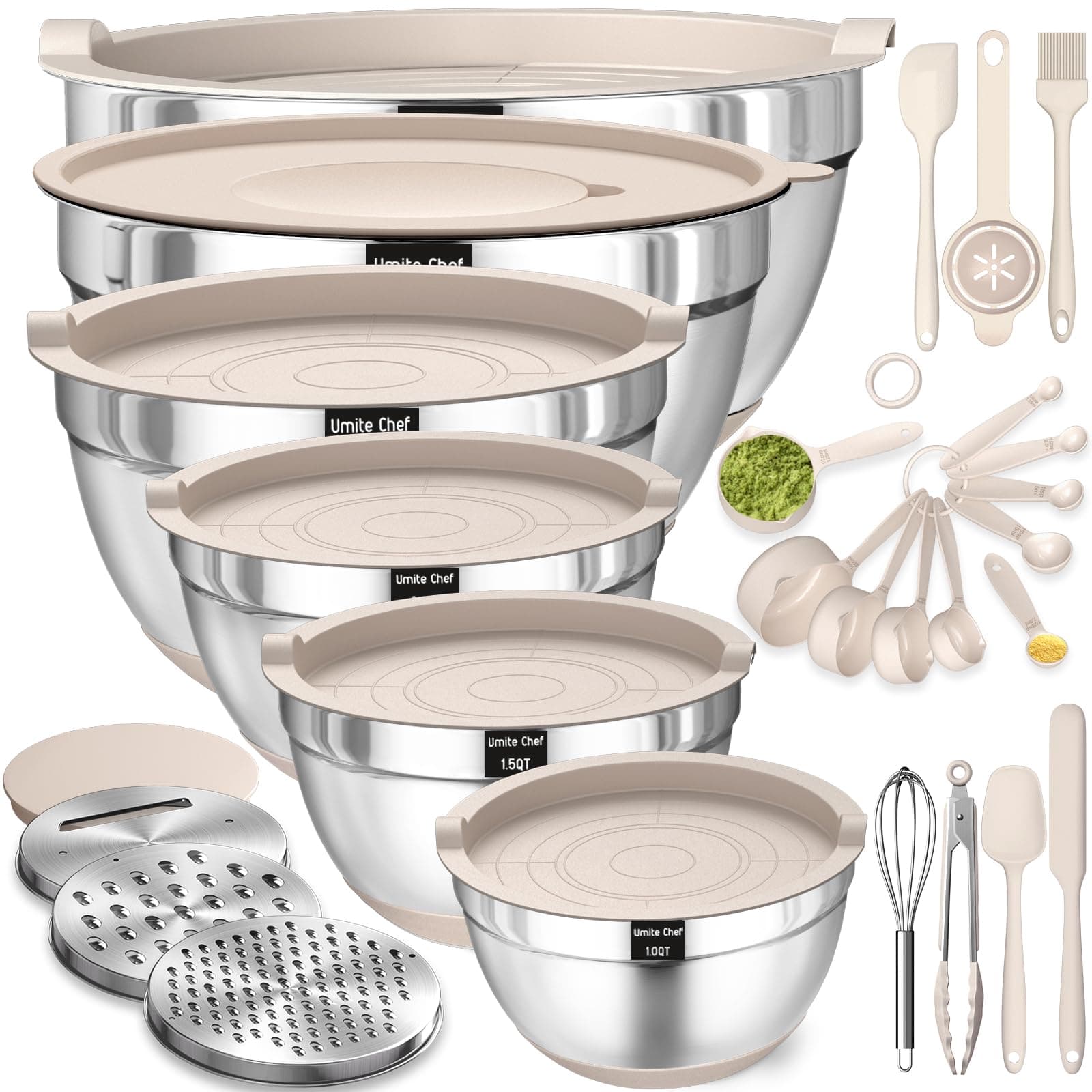 Mixing Bowls with Airtight Lids Set, 26PCS Stainless Steel Khaki Bowls with 3 Grater Attachments, Non-Slip Bottoms & Kitchen Gadgets Set, Size 7, 3.5, 2.5, 2.0,1.5, 1QT, Great for Mixing & Serving
