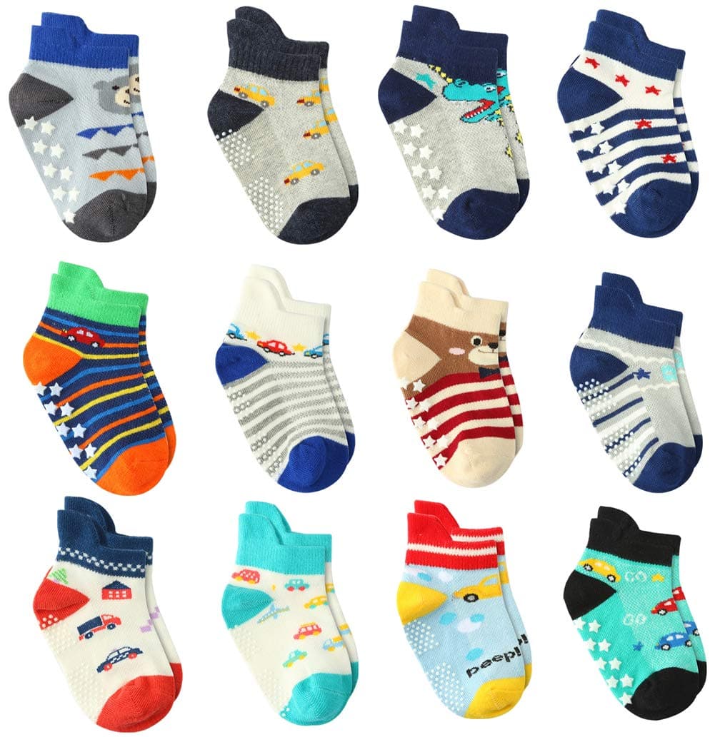 12 Pairs Toddler Boy Socks Grip Socks Baby Boy Cotton Socks Non Slip, Infant Newborn Socks Boy Anti Skid Socks for Kids Boys