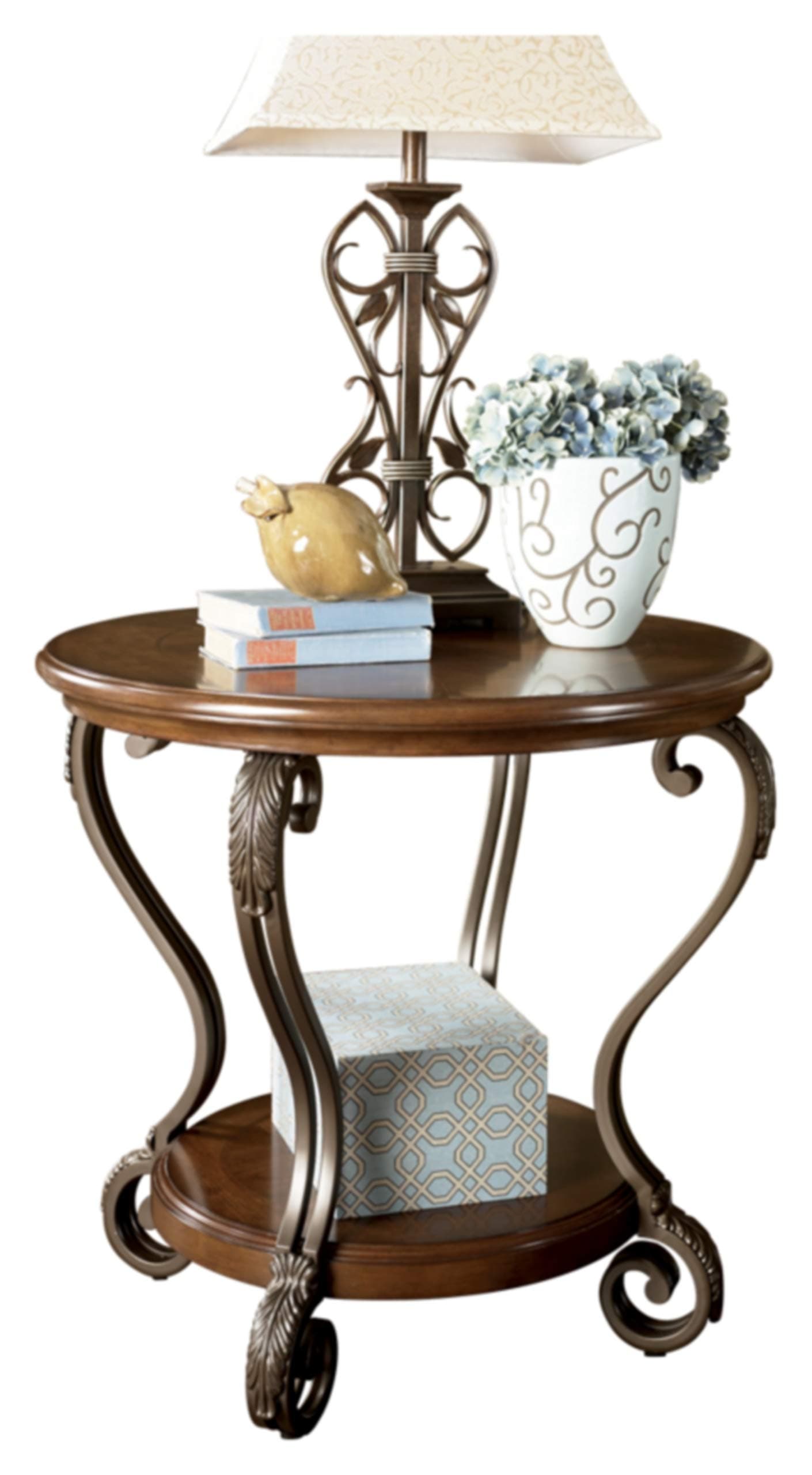 Signature Design by Ashley Nestor Traditional Hand-Finished Round End Table with 1 Fixed Shelf, Dark Brown