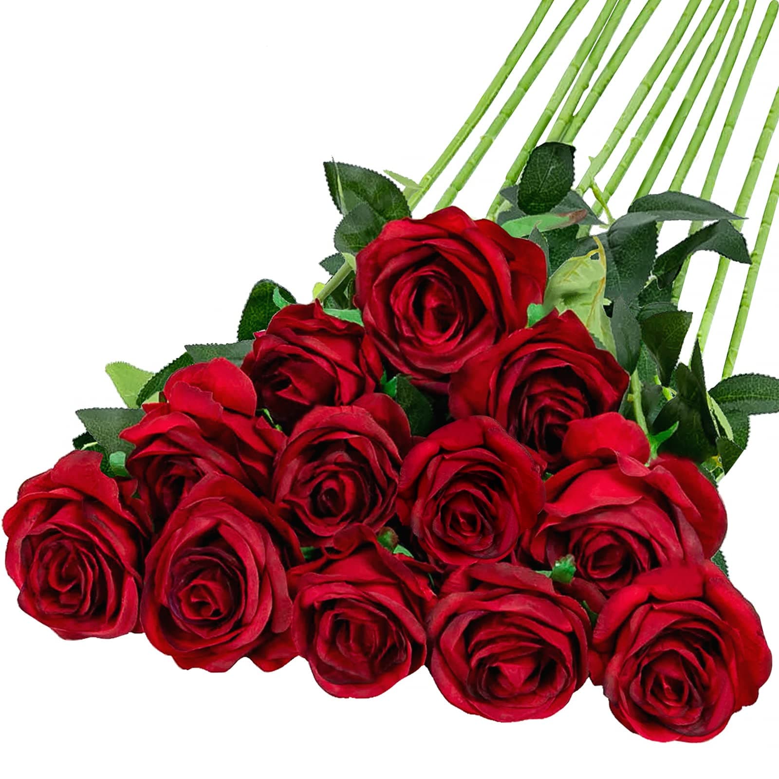 Hawesome 12PCS Artificial Silk Flowers Realistic Roses Bouquet Long Stem for Home Wedding Decoration Party (Wine Red 1)
