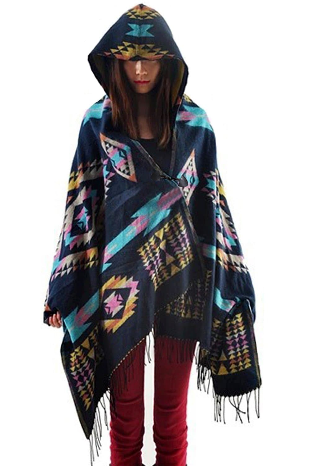 Aztec Print Bohemian Blanket Poncho Cape Shawl Tassel with Hoodie Cloak