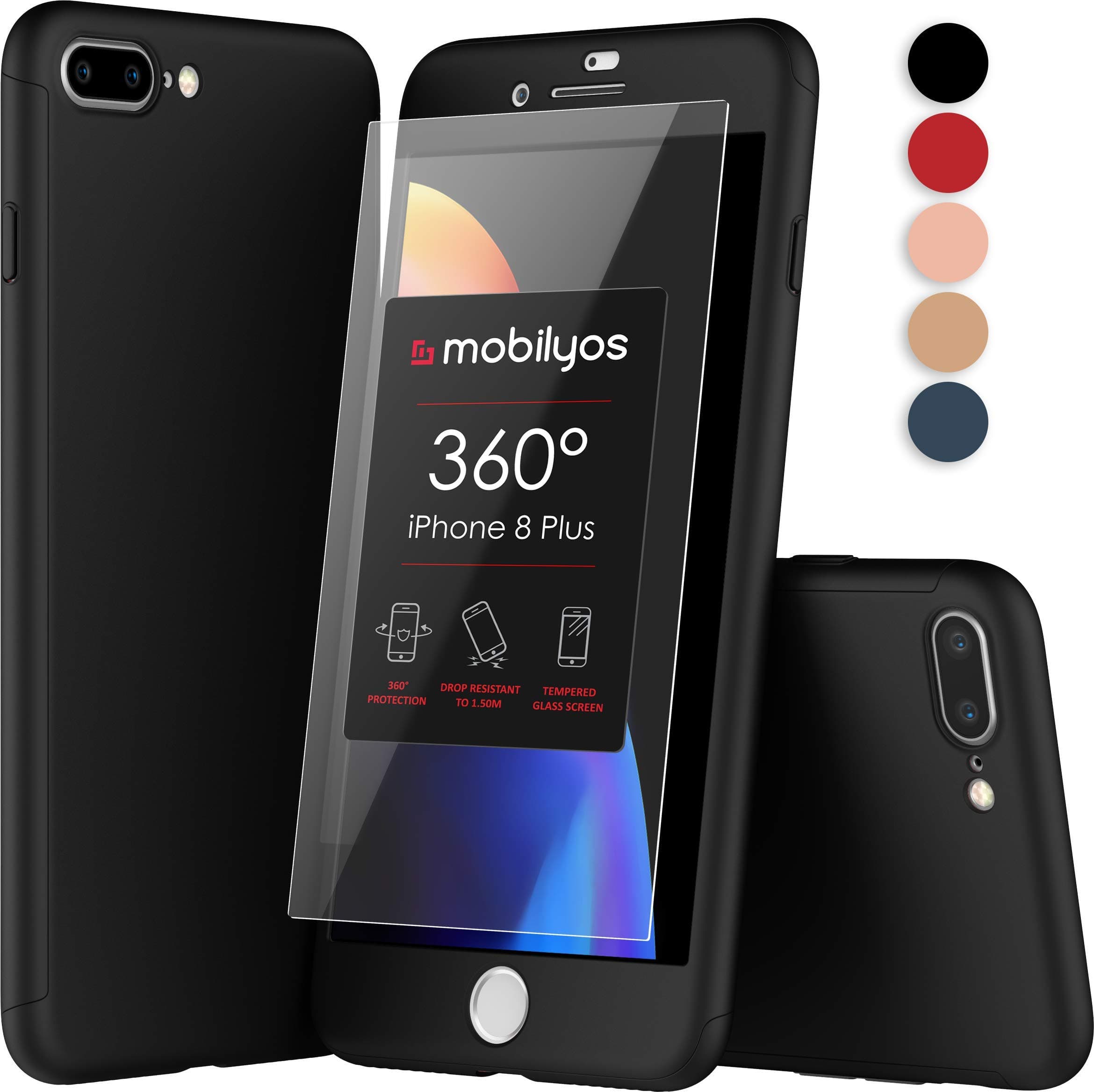 360 iPhone 8 PLUS Case - Ultra-Thin Full Body Protective Cover for iPhone 8 PLUS with Tempered Glass Screen Protector – Hard and Slim Fit Case for Apple iPhone 8 PLUS (Black)