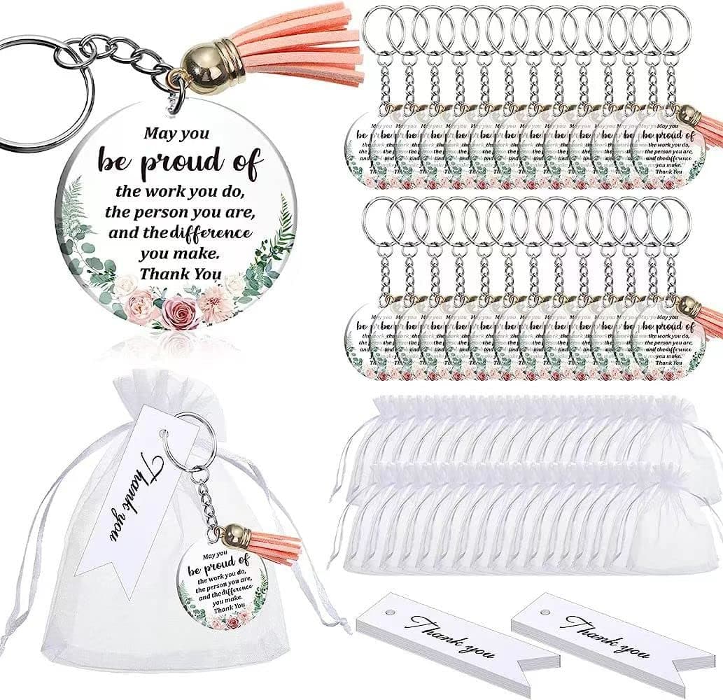 Goodern 48Pcs Appreciation Acrylic Keychain,Floral Circle Keychain With Tassels Organza Bags And Thank You Cards Keychains Gift For Employee Teacher Mother Birthday Graduation