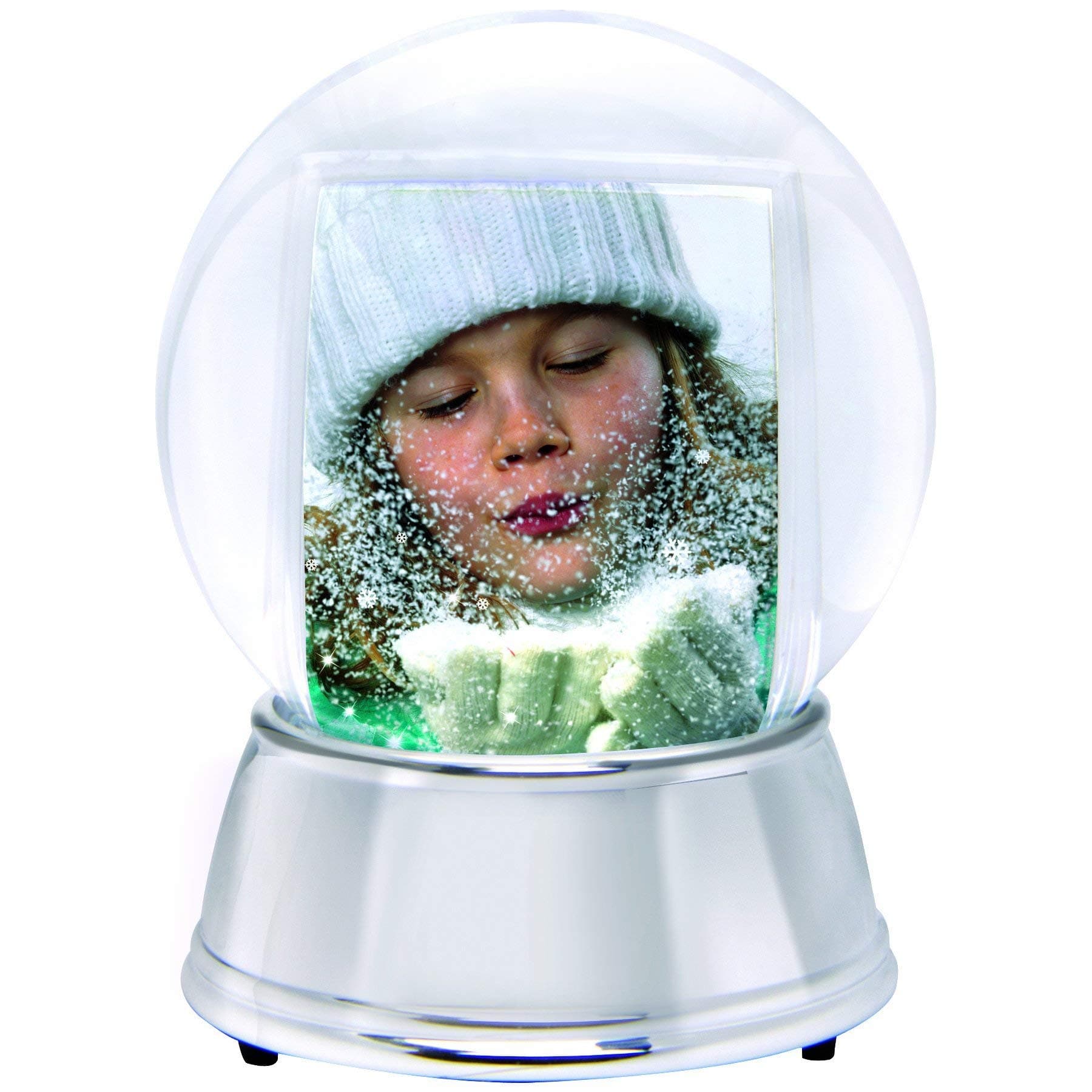 Large LED Light Up Photo Snow Globe w/Silver Base