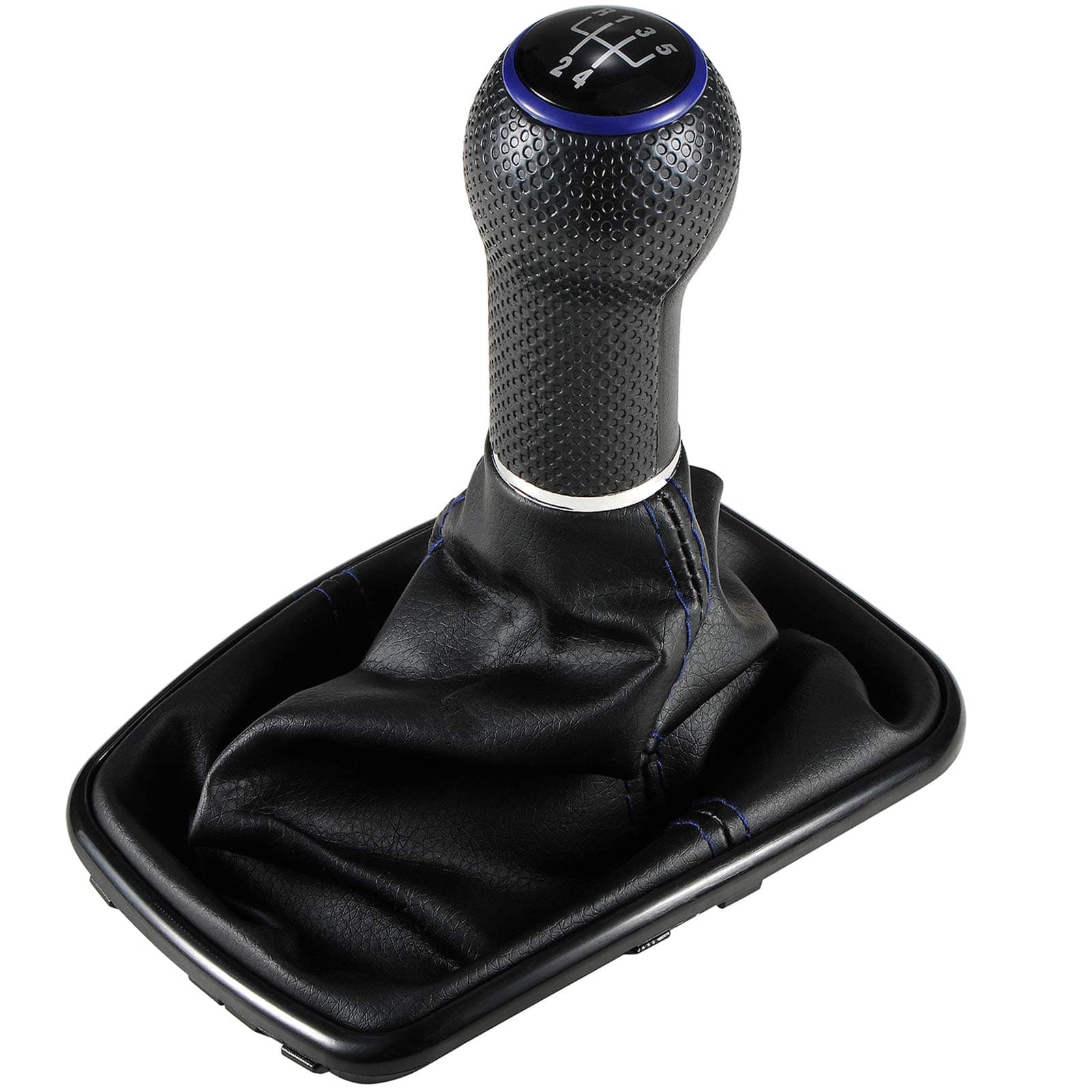Semoss Universal 5 Speed Manual Gear Shift Knob + Lever Boot Cover Diameter 12mm with Chrome Frame,Blue Sewing Stitching
