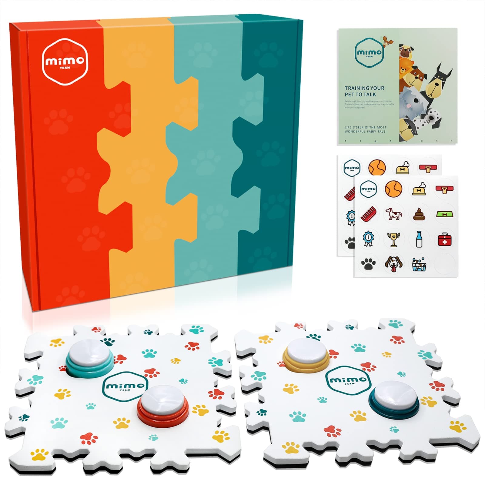 MIMOTEAM Dog Buttons for Communication with 4 recordable Buttons, 2 Non-Slip Pads, 32 stickrs,Dog Training Guide, Sound Dog Talking Buttons Set Make it Easy to Communicate with Your pet.