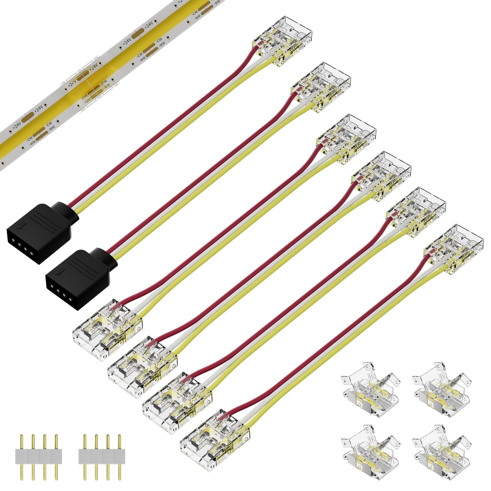 10mm Connectors for CCT COB LED Strip Light 3 Pin Solderless Terminal Extension Connection Kit,4pcs Dual End Extension Connectors,2pcs Strip to DC Plug Extension Wire,4pcs Gapless Connectors