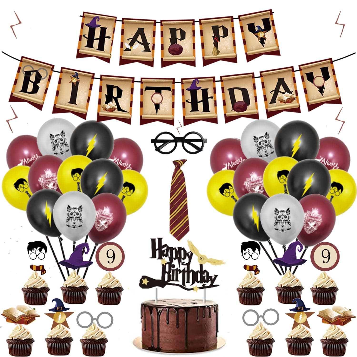 Finypa Magical Wizard Birthday Decorations - Glasses, Banner, Cupcake Toppers, Tattoos, Tie and Balloons for Party
