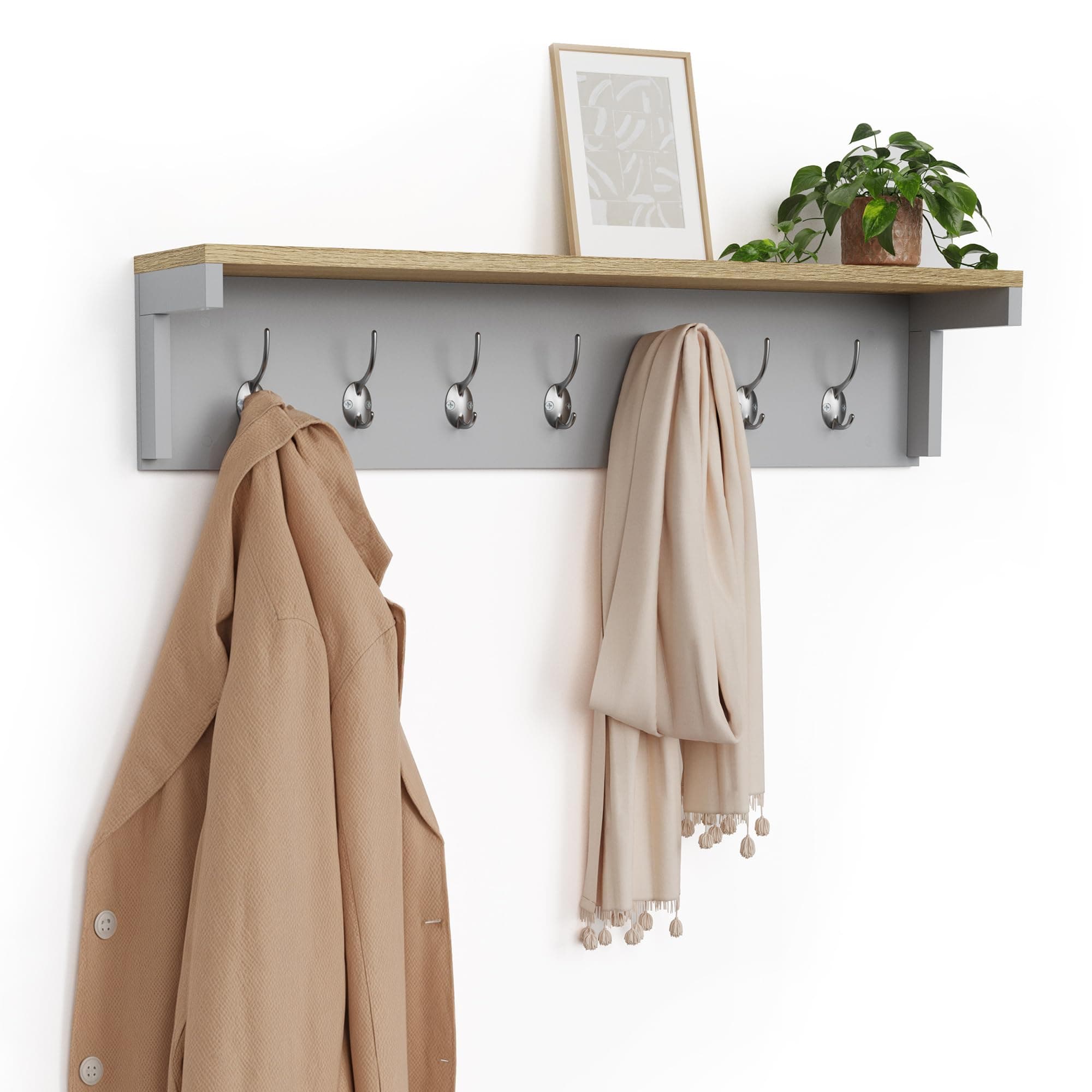 VonHaus Coat Hooks Wall Mounted - Grey Coat Rack with Shelf & 7 Strong Double Hooks – Wall Mounted Jacket Hanger Hallway Organiser with Melamine Wood Effect for Hall & Entryway - Ash Hall