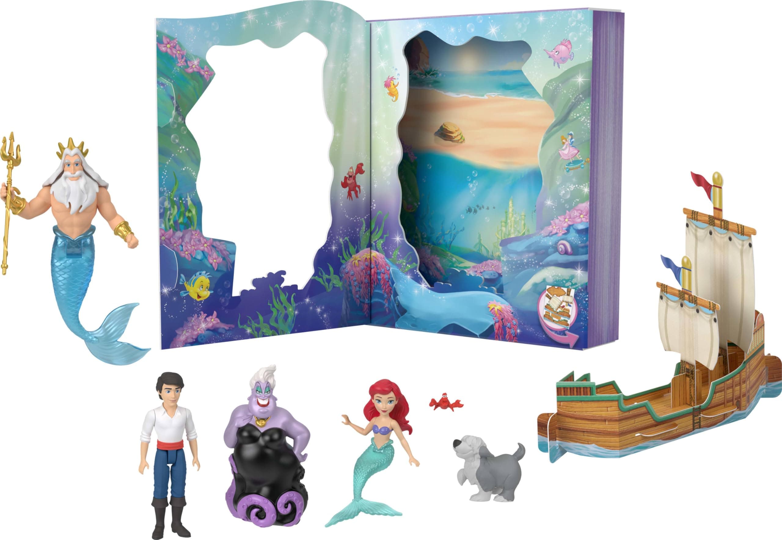 Disney Princess Toys Age 3+, Ariel Mermaid Doll Story Set with 4 Small Dolls, 2 Animal Figures & 1 Accessory, Inspired by Disney The Little Mermaid