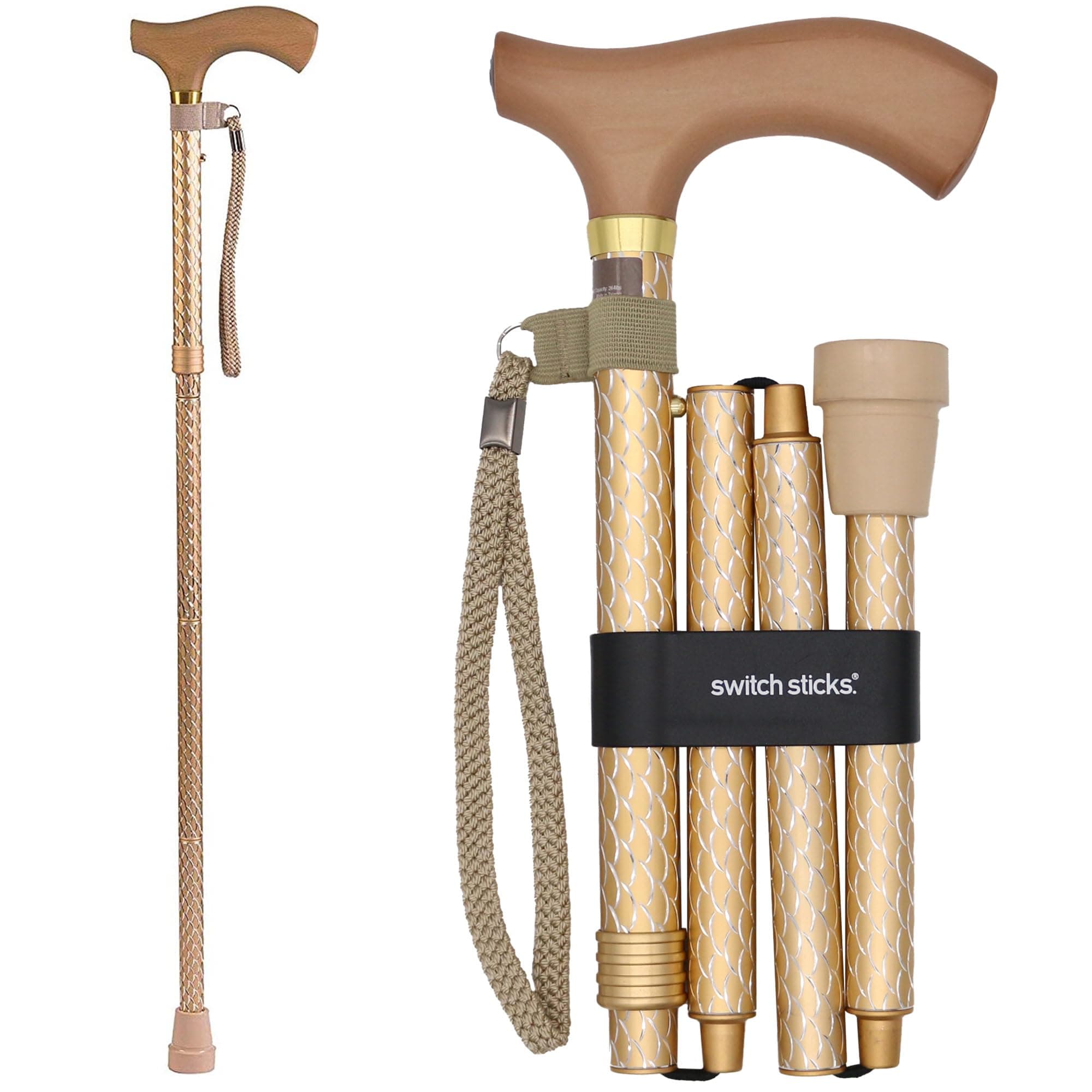 Switch Sticks Designer Folding Walking Stick, Folding Walking Cane, Collapsible Walking Stick, Adjustable From 32 to 37 Inches, Engraved Pearl Gold by Switch Sticks [並行輸入品]