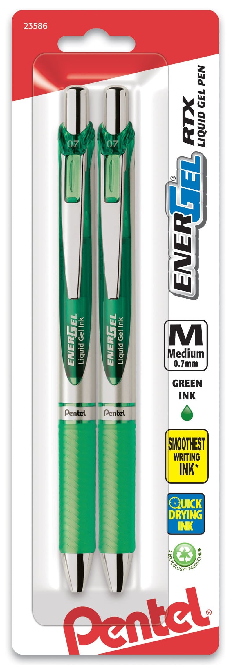EnerGel RTX Retractable Liquid Gel Pen, (0.7mm), Medium Line, Metal Tip, Green Ink, Pack of 2 (BL77BP2D)