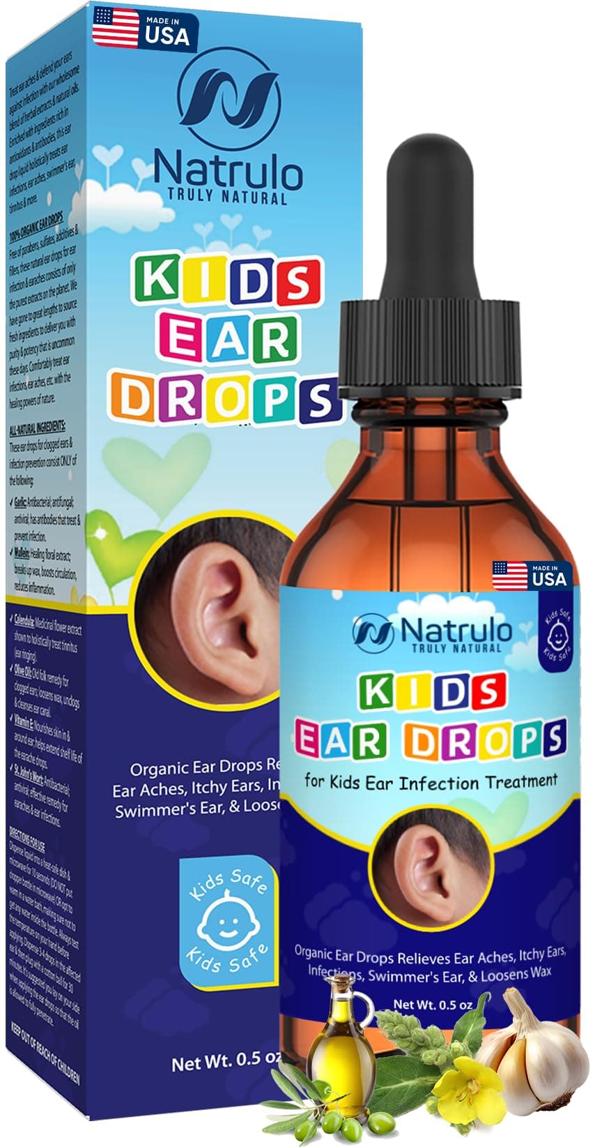 Natrulo Natural Ear Drops for Kids Ear Infection Treatment – Organic Children Ear Oil Drops Relieves Ear Aches, Itchy Ears, Infections, Swimmer's Ear, & Loosens Wax – Kids Safe, Made in USA