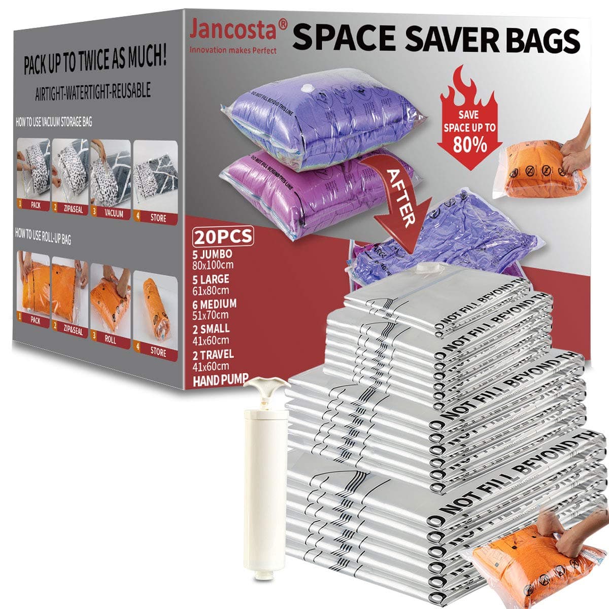 Jancosta 20 Combo Space Saver Bags, 20 Pack [2 Small, 6 Medium, 5 Large, 5 Jumbo，2 Compression bags] Vacuum Storage Bags for Clothes (20 Combo)