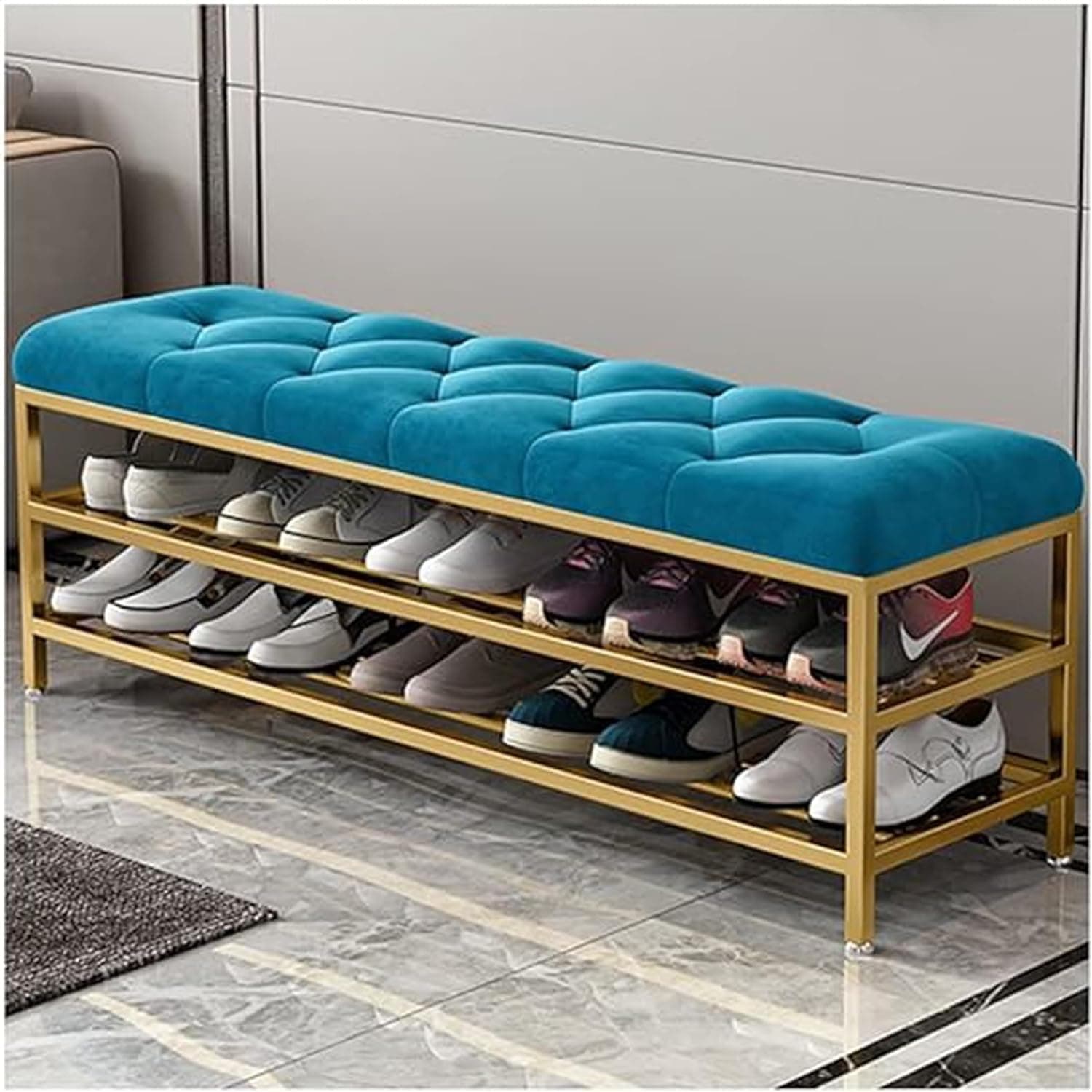 Sponsored Ad - Shoe Rack Bench Organizer with Mesh Seat for Bedroom Entry Window Mudroom Living Room, 2-Tier Fleece Bench Bench for Entryway (Blue Gold)