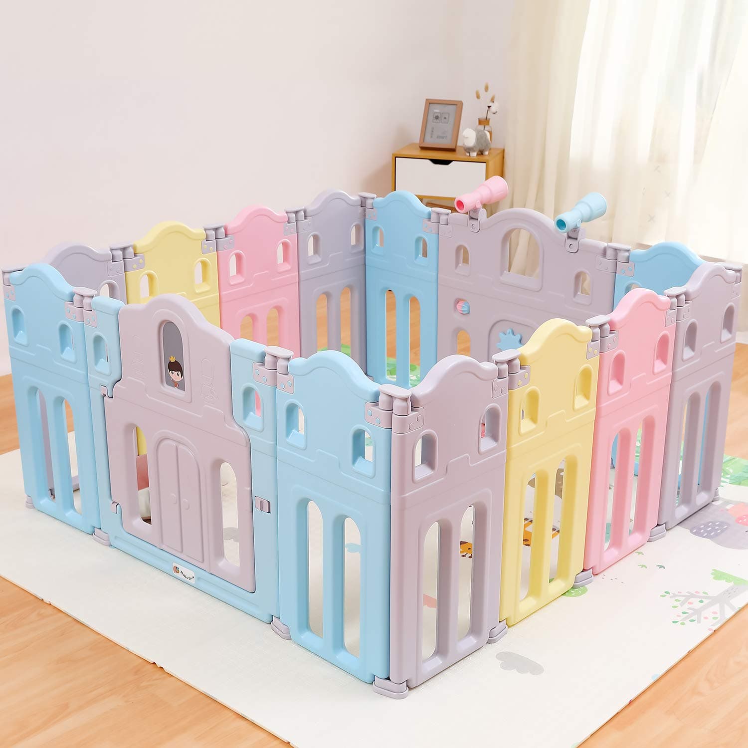 Foldable Baby Playpen with Activity Panel， Safety Play Yard for Toddler, Kids Activity Centre with Lock Door Indoor or Outdoor for 0-6 Years