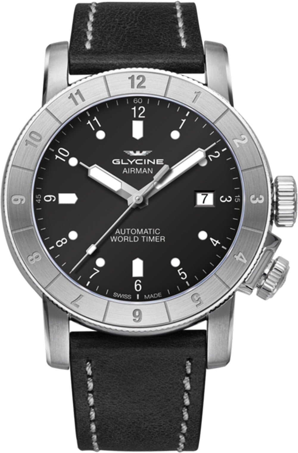 Glycine Airman Automatic Black Dial Men's Leather Watch GL0063