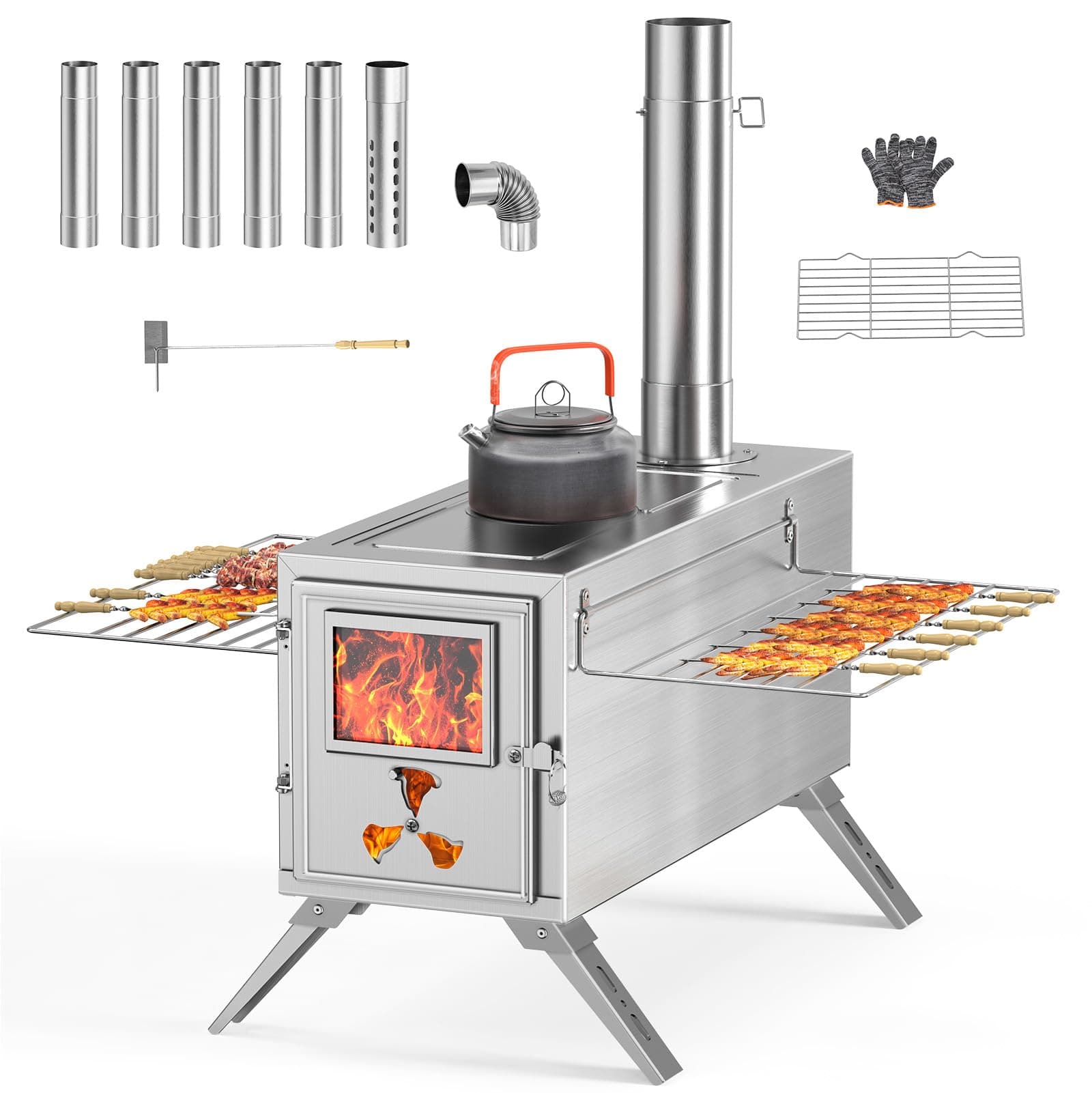 Camping Wood Stove with Chimney, Stainless Steel Small Wood Stove for Tent, Portable Folding Hot Tent Stove with 7 Chimney Pipes for Outdoor, Camping, Cooking, BBQ, Hiking, Fishing, Hunting