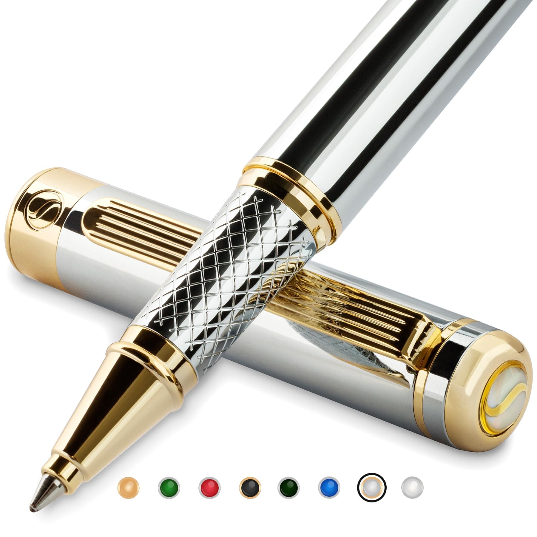 Silver Chrome Rollerball Pen - Stunning Luxury Pen, Real Gold Plating, Schmidt Ink Refill, Best Roller Ball Pen Gift Set for Men & Women, Professional, Executive Office, Fancy Pens