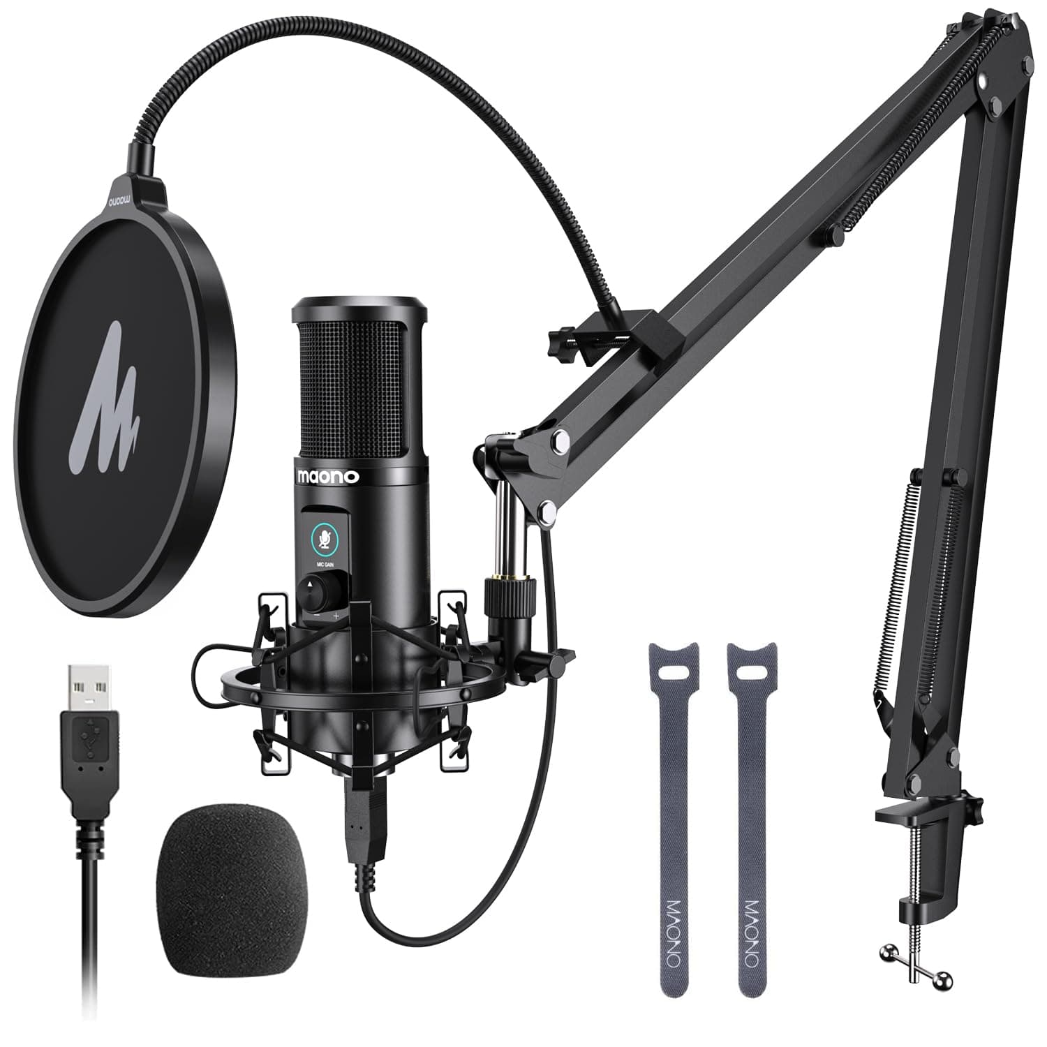 Maonocaster AU-PM421 USB Microphone Kit With One-Touch Mute And Mic Gain Knob, Professional Cardioid Condenser Podcast For Livestreaming, Gaming, Broadcasting - Black