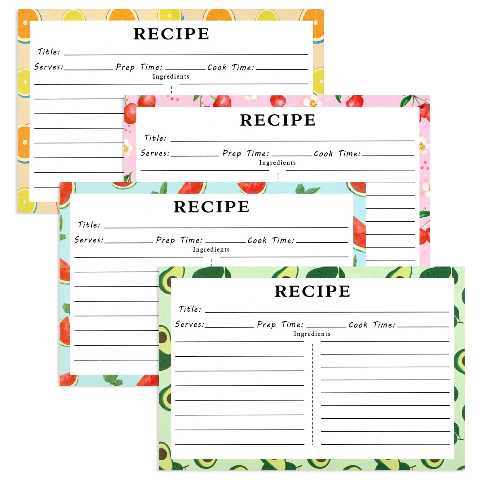 72 Blank Recipe Cards for Bridal Shower and Wedding - 4x6 Double Sided, 4 Fruit Design