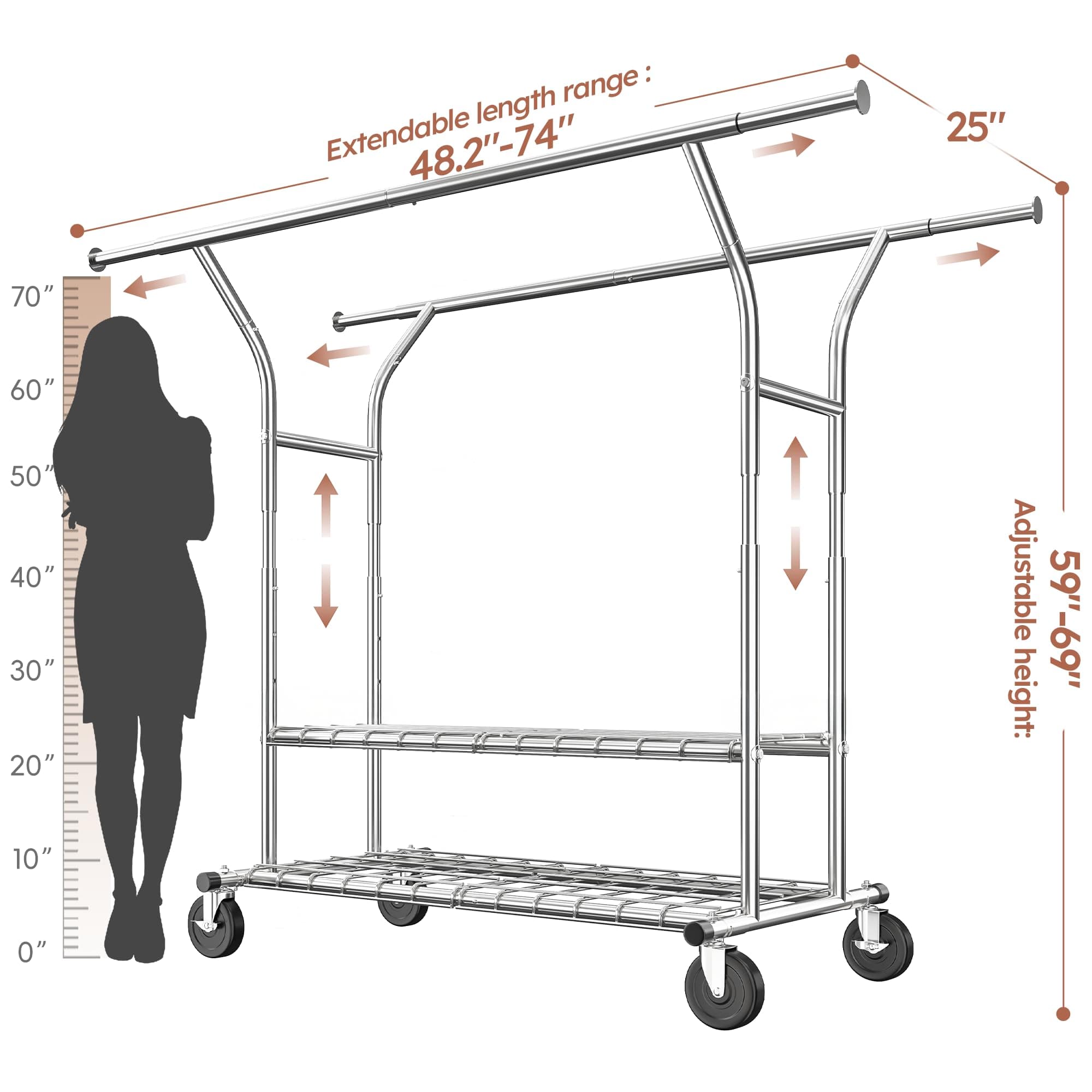 Raybee 74" W Heavy Duty Clothes Rack, Double Rods Clothing Rack Load 630 LBS, Rolling Clothes Racks for Hanging Clothes 400+, Garment Rack for Bedroom, Laundry Room, Retail Store
