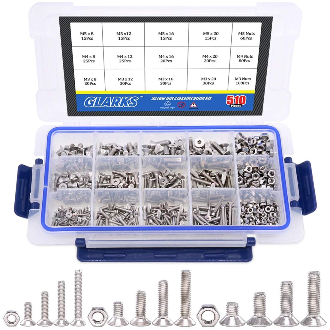 Glarks 510Pcs Metric M3 M4 M5 Stainless Steel Flat Head Cap Bolts Screws Nuts Assortment Kit